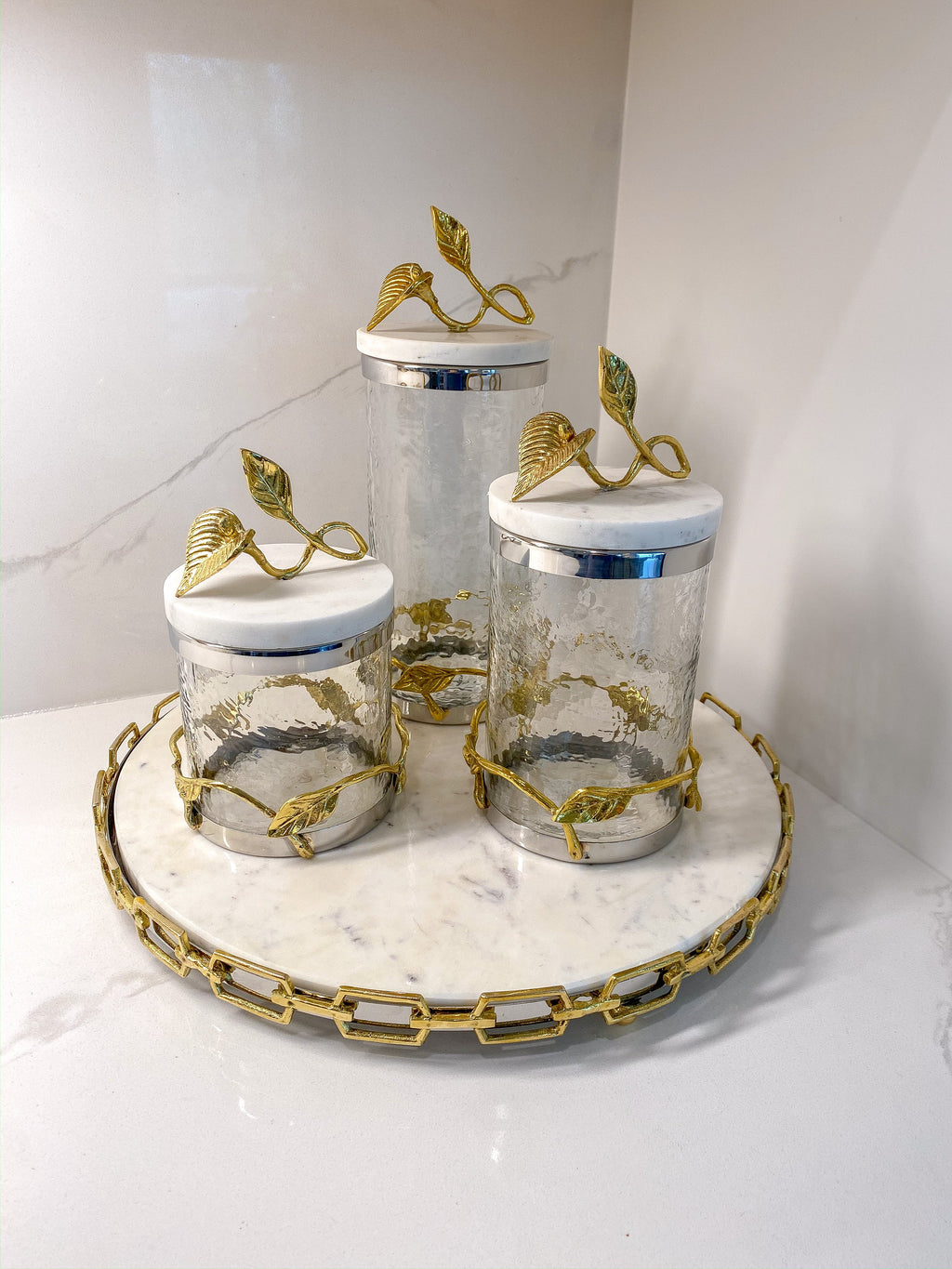 Marble and Gold Metal Leaf Branch Canisters- With metal rim (3 Sizes