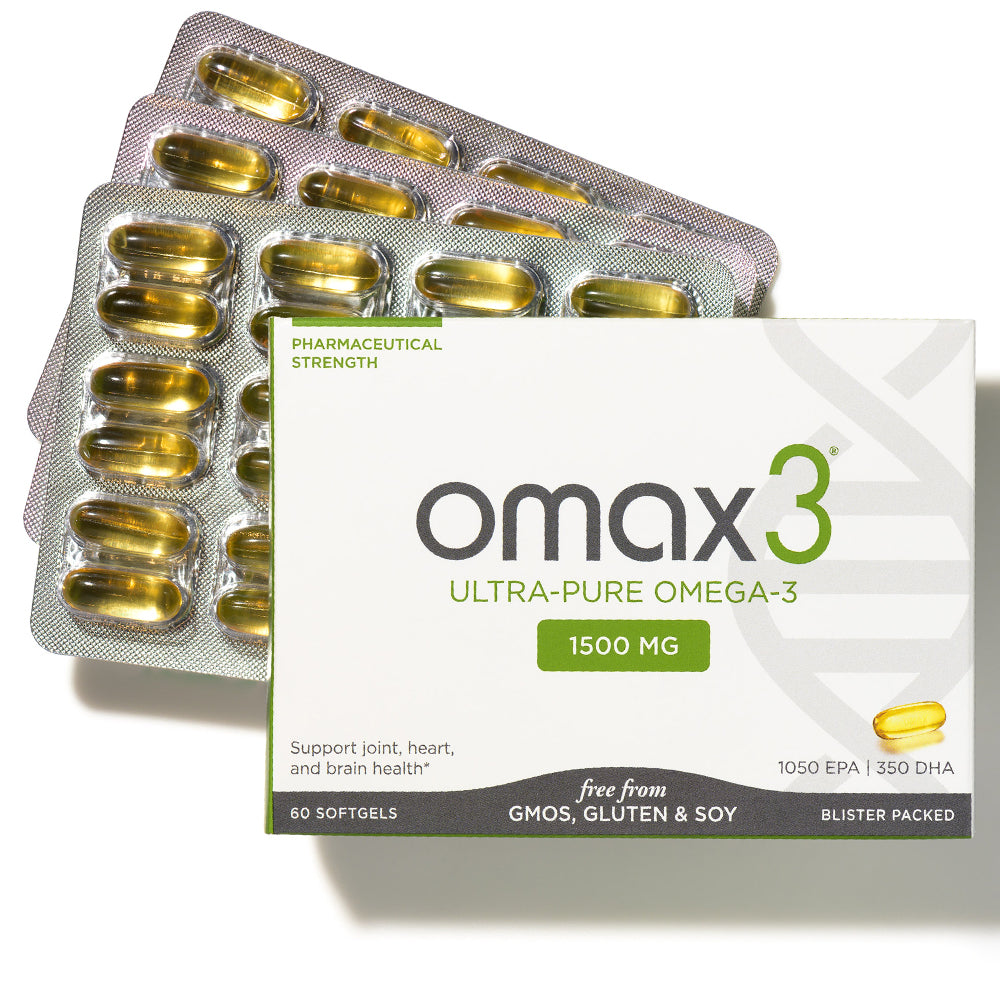  PHARMACEUTICAL omax3 ULTRA-PURE OMEGA-3 1500 MG Support joint, heart, and brain health* 1050 EPA 350 DHA N e 60 SOFTGELS GMOS, GLUTEN SOY 10 RNl 1 