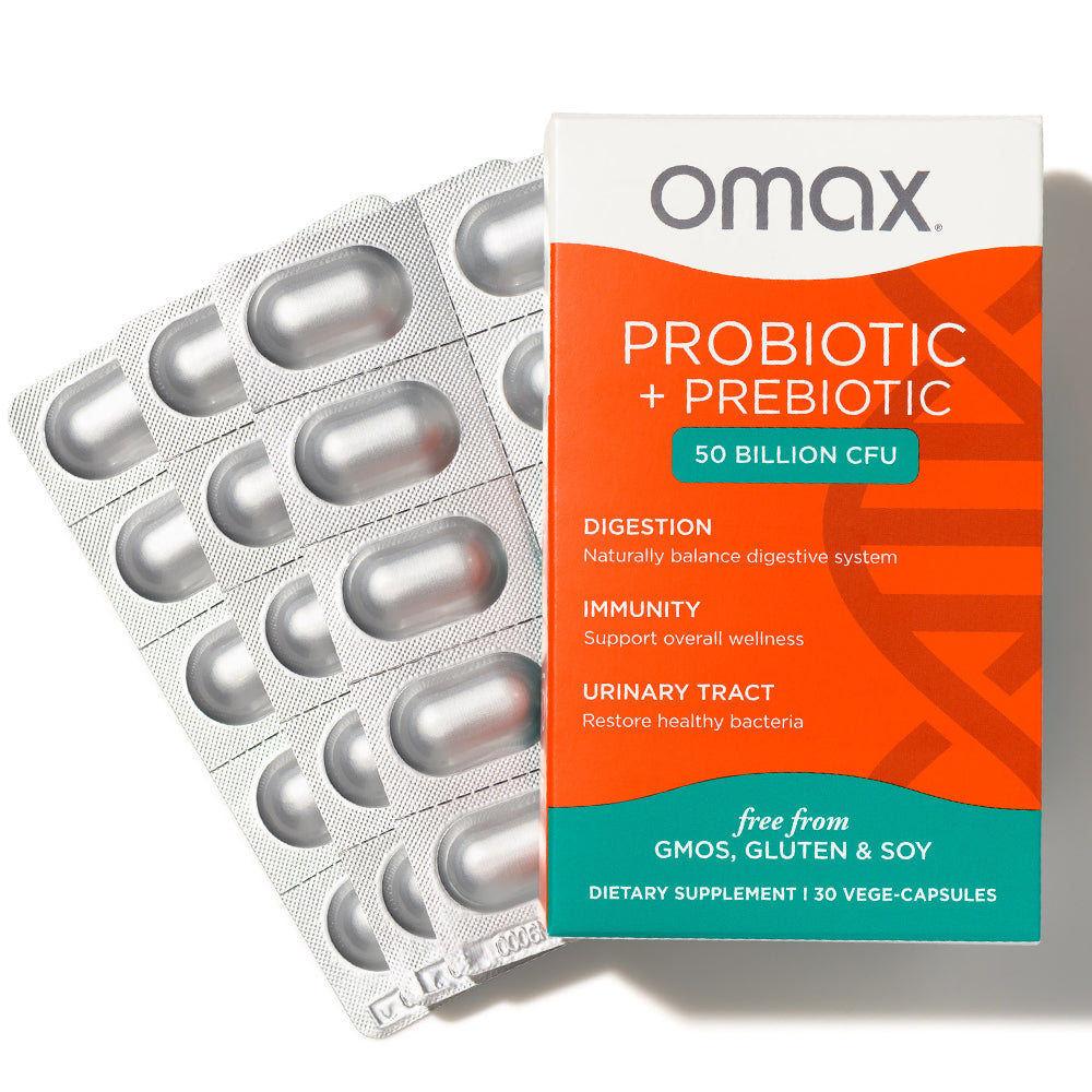 PROBIOTIC PREBIOTIC 50 BILLION CFU DIGESTION Naturally balance digestive system VIR Support overall weliness URINARY TRACT Restore healthy bacteria VA a2 GMOS, GLUTEN SOY DIETARY SUPPLEMENT 30 VEGE-CAPSULES 