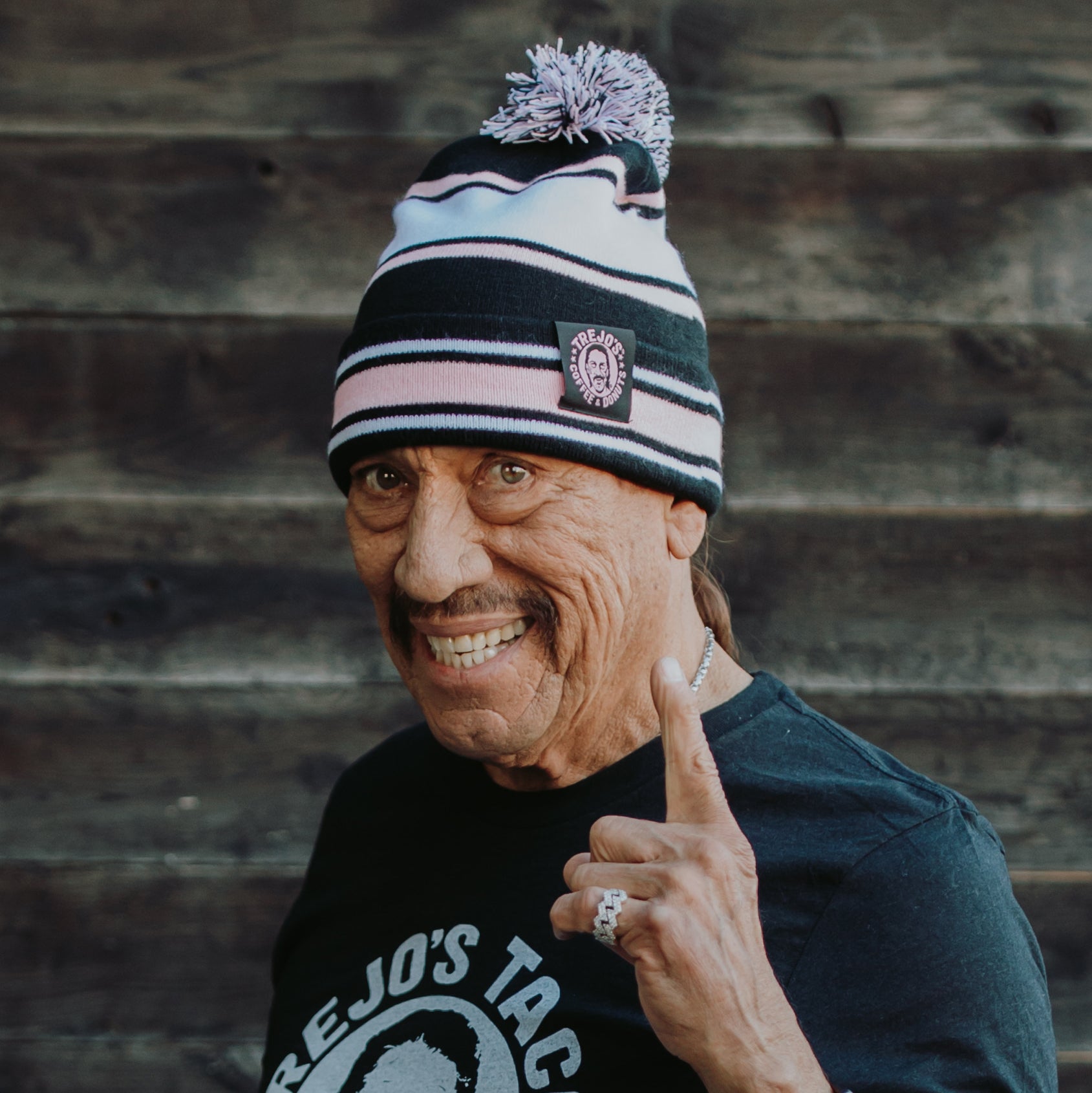 Image of Black / Pink / White Stripe Pom Pom Beanie (Trejo's Donuts)