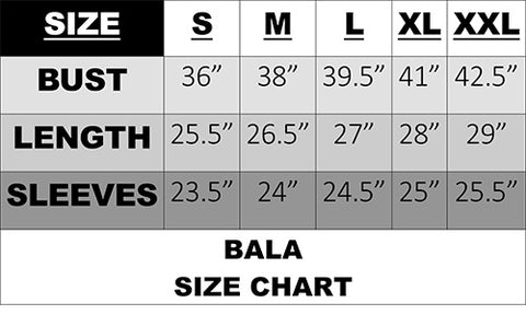 Bala sweater size chart