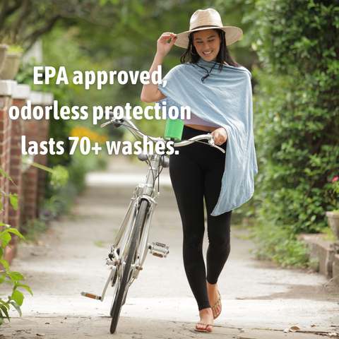 Pang Wangle insect shield clothing brand with model walking a bike wearing optimist pants bug repellent leggings and a faded denim essential wrap with Insect Shield, and text quote overlaid says "EPA approved odorless protection lasts 70+ washes."