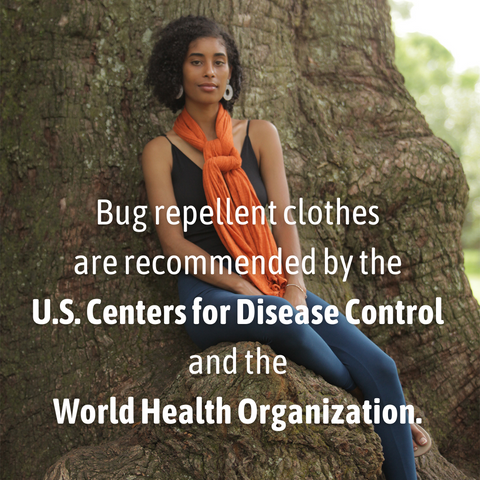 Pang Wangle bug repellent apparel model wearing optimist pants insect shield leggings and essential wrap in rust, quote overlay reads: Recommended by the Centers for Disease Control and World Health Organization