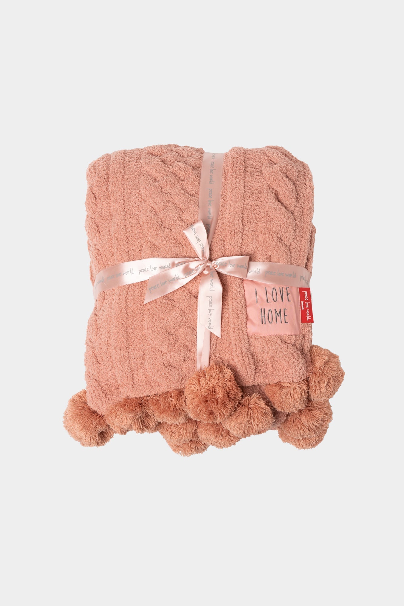 Plush Cable Knit Throw with Pom Poms Peace Love World