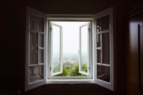 Home window open overlooking forest