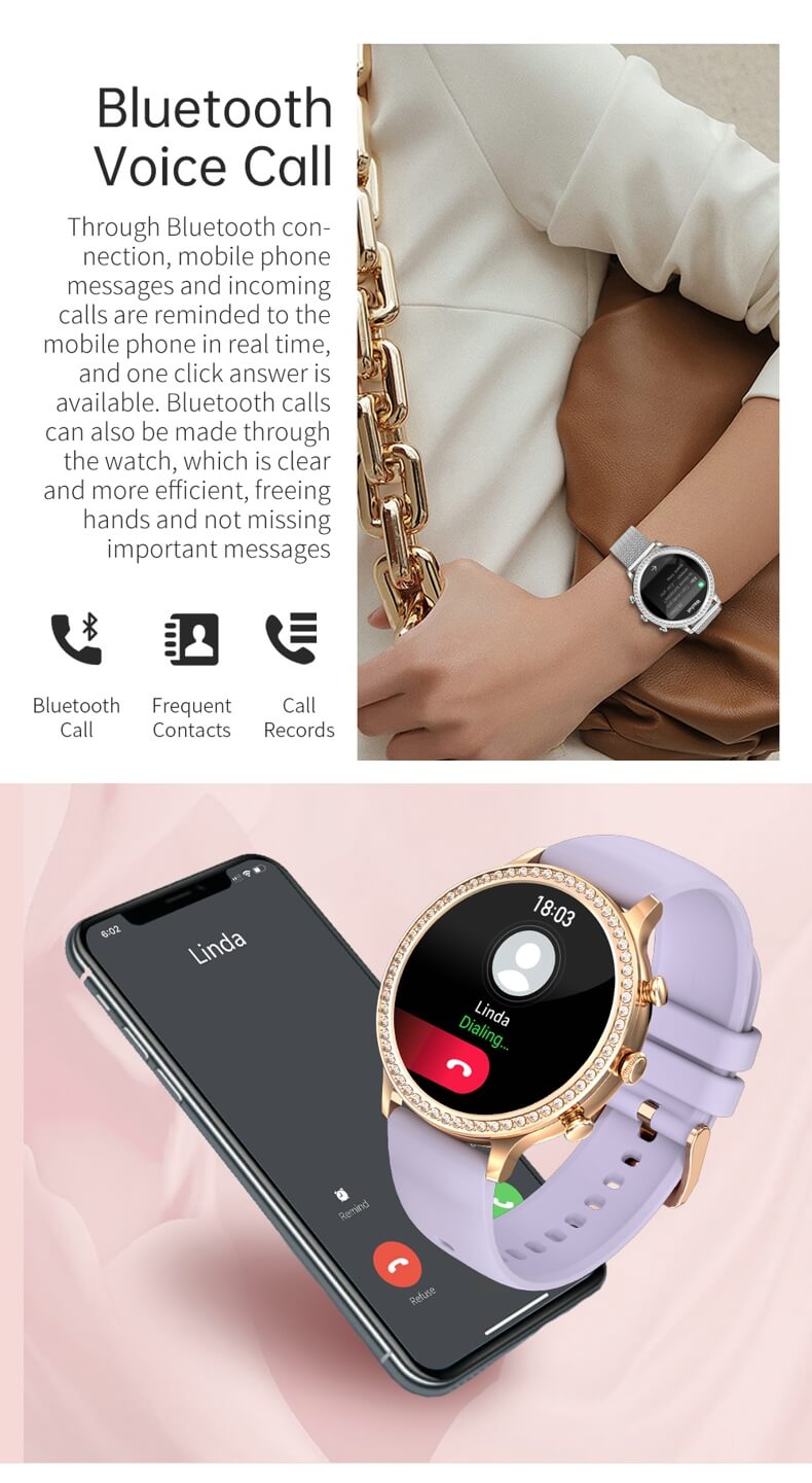 Findtime Luxus-Blutdruckmessgerät, Smartwatch für Damen, Herzfrequenz, Blutsauerstoff, mit Bluetooth-Anrufen