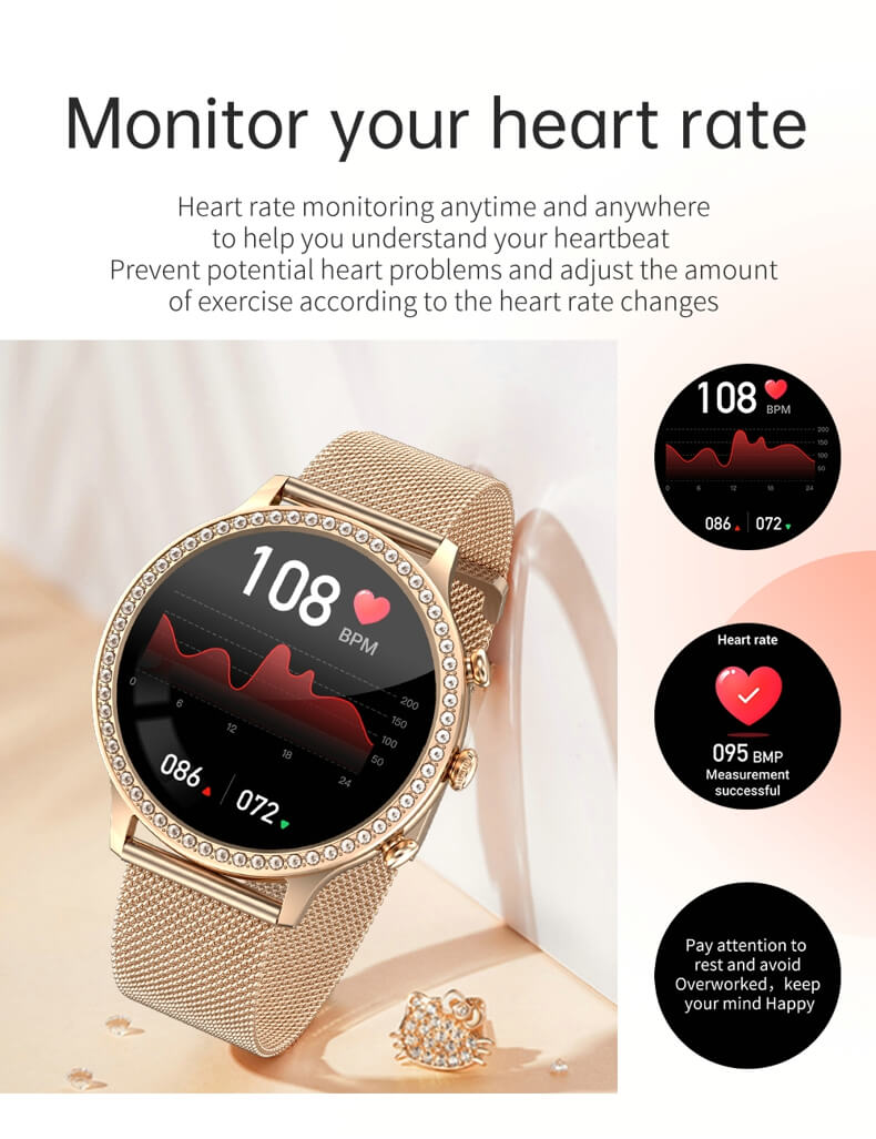 Findtime Luxus-Blutdruckmessgerät, Smartwatch für Damen, Herzfrequenz, Blutsauerstoff, mit Bluetooth-Anrufen