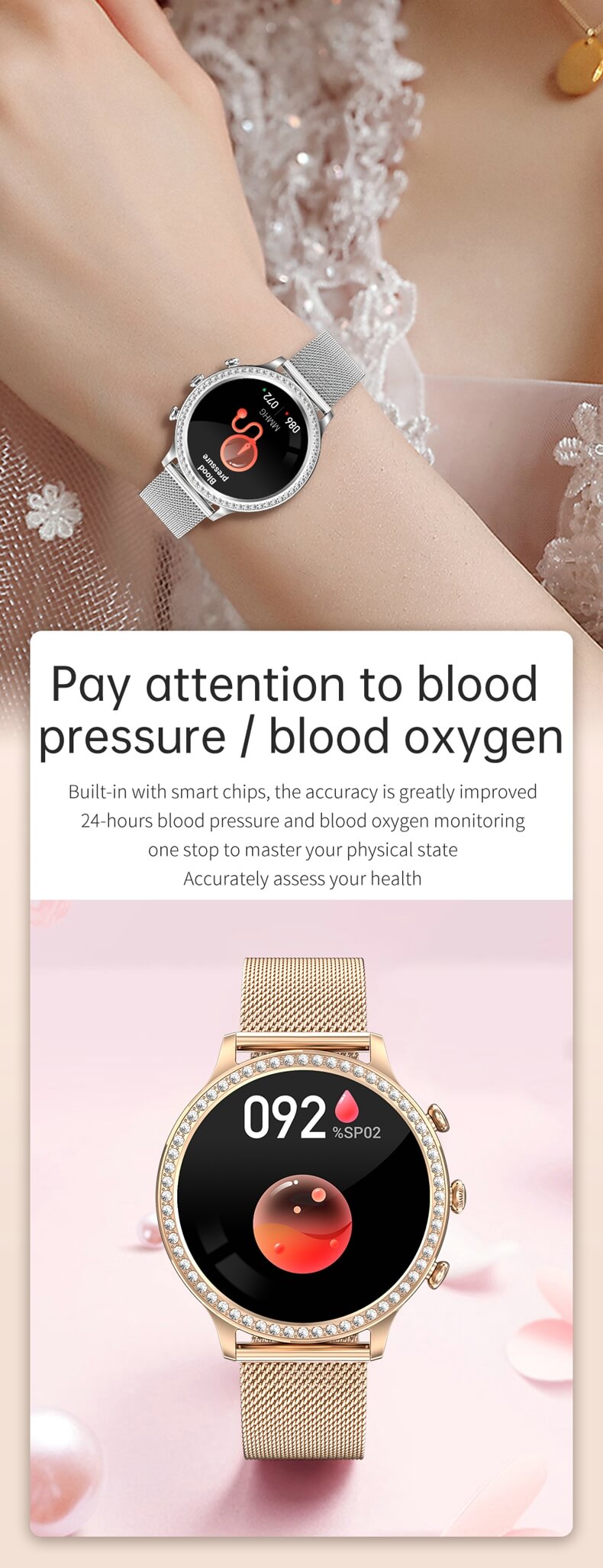 Findtime Luxus-Blutdruckmessgerät, Smartwatch für Damen, Herzfrequenz, Blutsauerstoff, mit Bluetooth-Anrufen