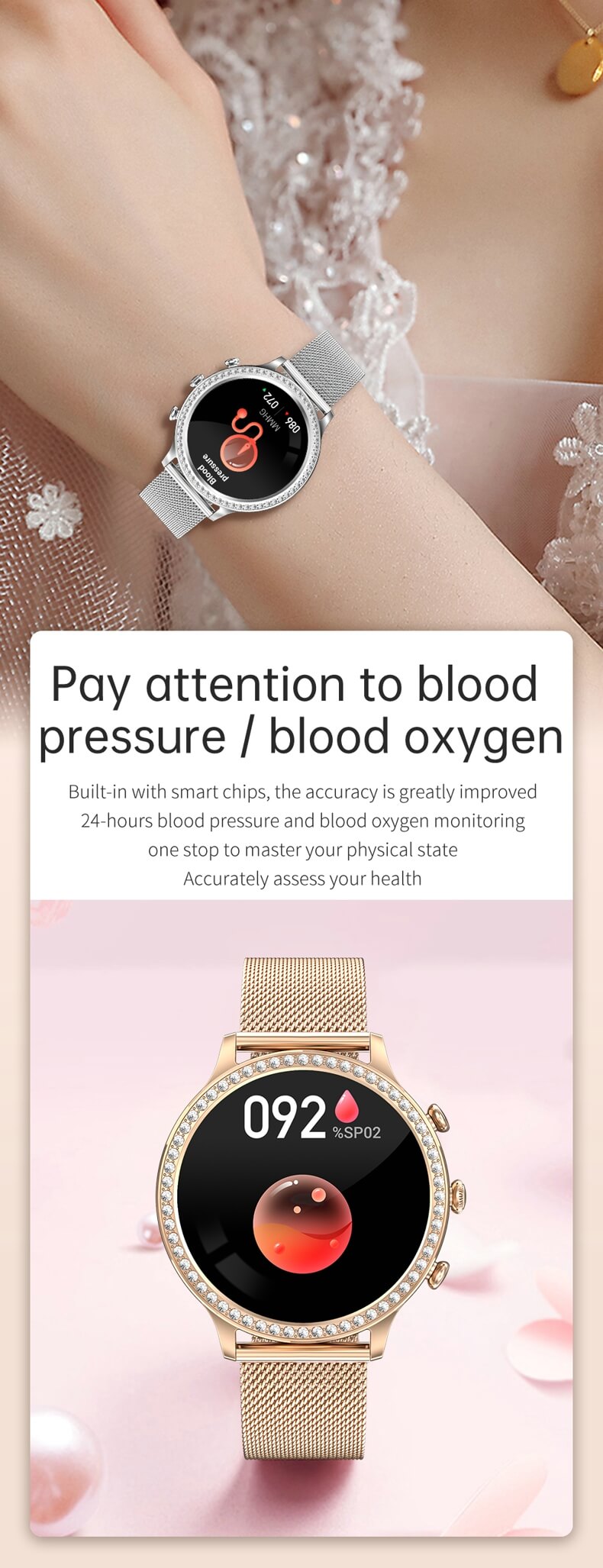 Findtime Luxury Blood Pressure Monitor Smart Watch for Women Heart Rate Blood Oxygen with Bluetooth Calling