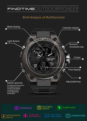 Men's Digital Watch Waterproof Tactical Watch with Alarm LED Outdoor Sports Stopwatch Army Military Watch - Findtime