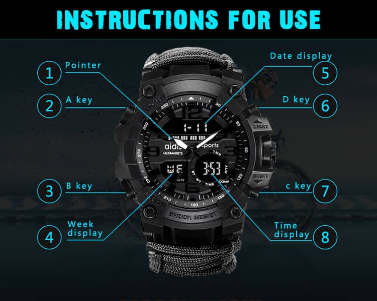 Outdoor Sport Watch Luminous Waterproof Digital Watch for Men with Compass Whistle Flint