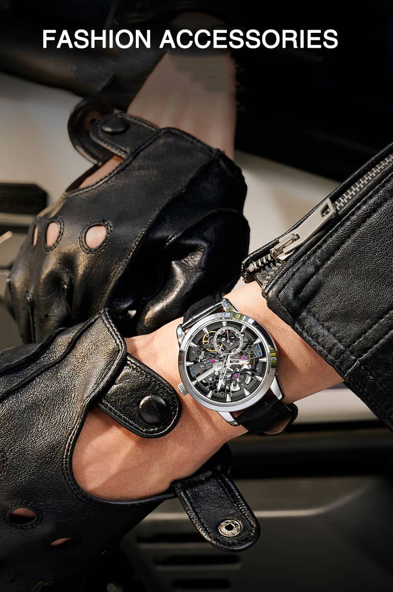 Skeleton Automatic Mechanical Watch Sapphire Dial Luminous Stainless Steel Waterproof