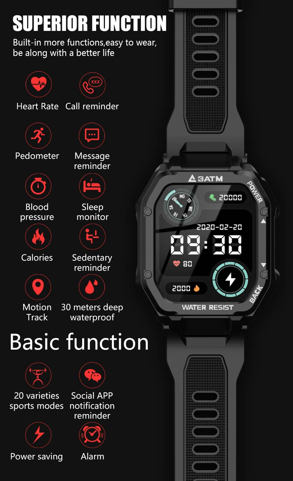Outdoor Smart Watch with Blood Pressure Heart Rate Monitor Long Battery Life 3ATM Waterproof - Findtime