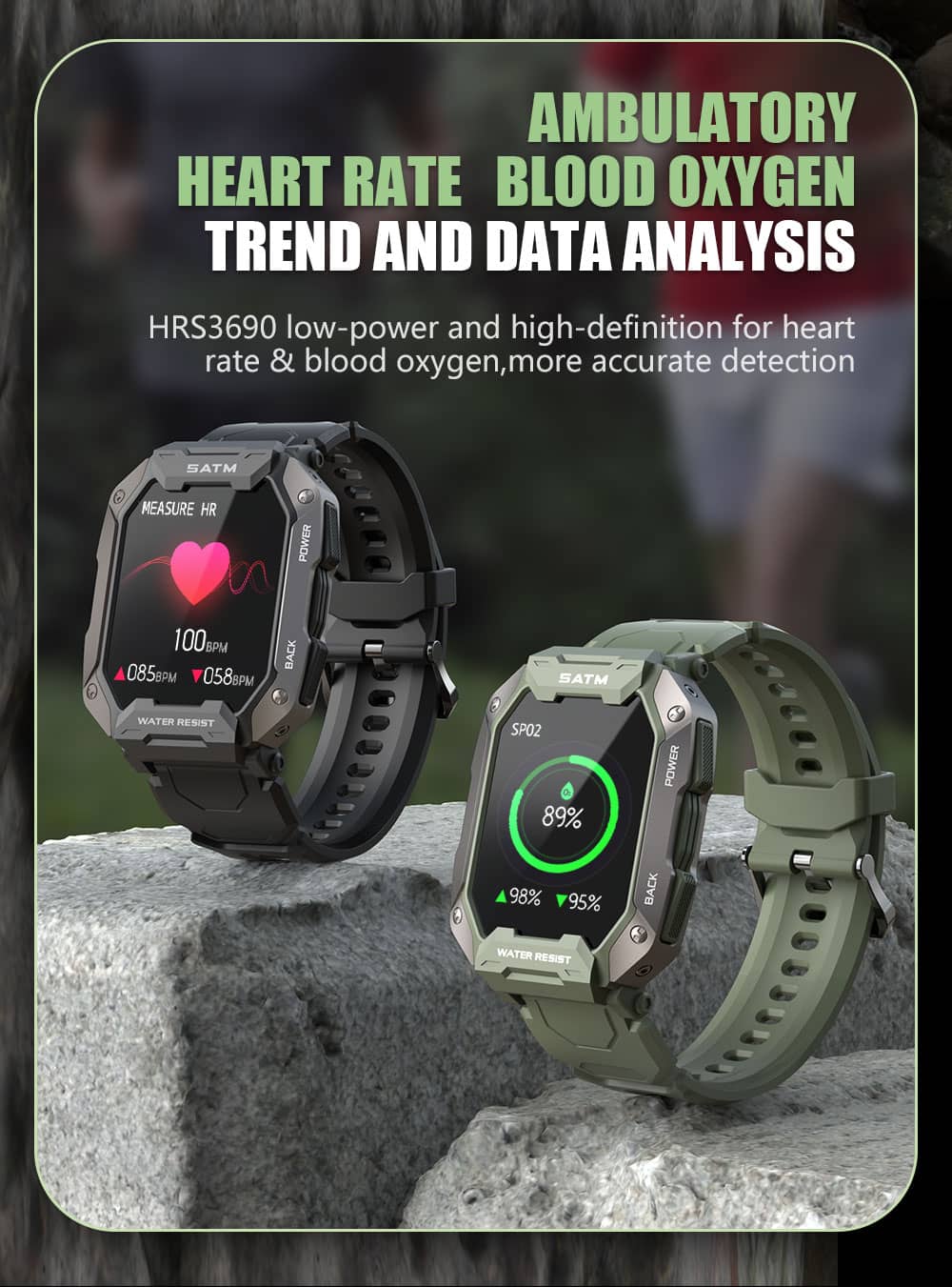 Findtime Smart Watch Military Grade Heart Rate Blood Pressure Monitor 5ATM Waterproof