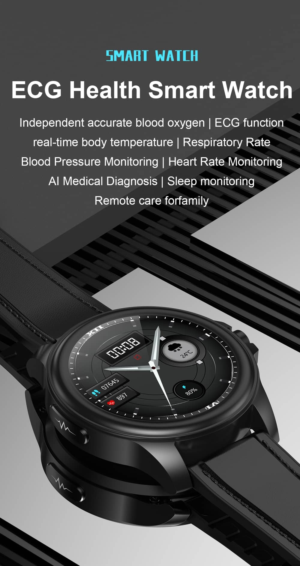 Findtime Smart Watch with Blood Pressure ECG Heart Rate Blood Oxygen Body Jemperature Mmoniteur