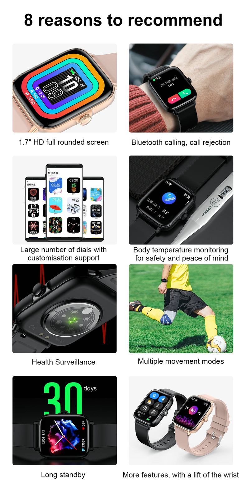 Reloj inteligente Findtime Presión arterial Monitor de temperatura corporal Llamadas Bluetooth