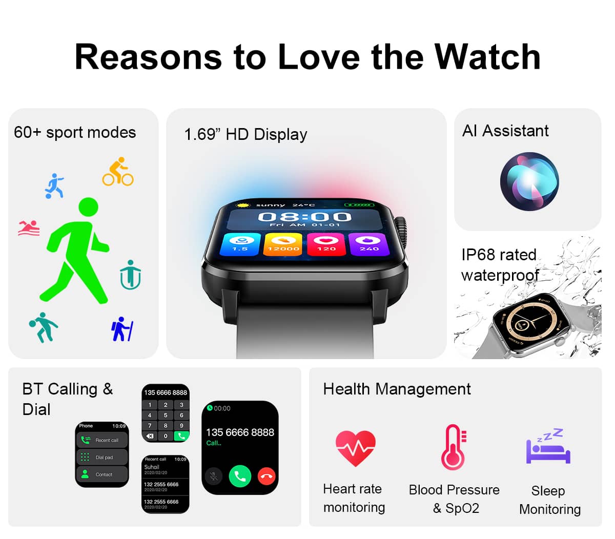 Findtime Smart Watch with Blood Pressure Heart Rate Blood Oxygen Bluetooth Calling