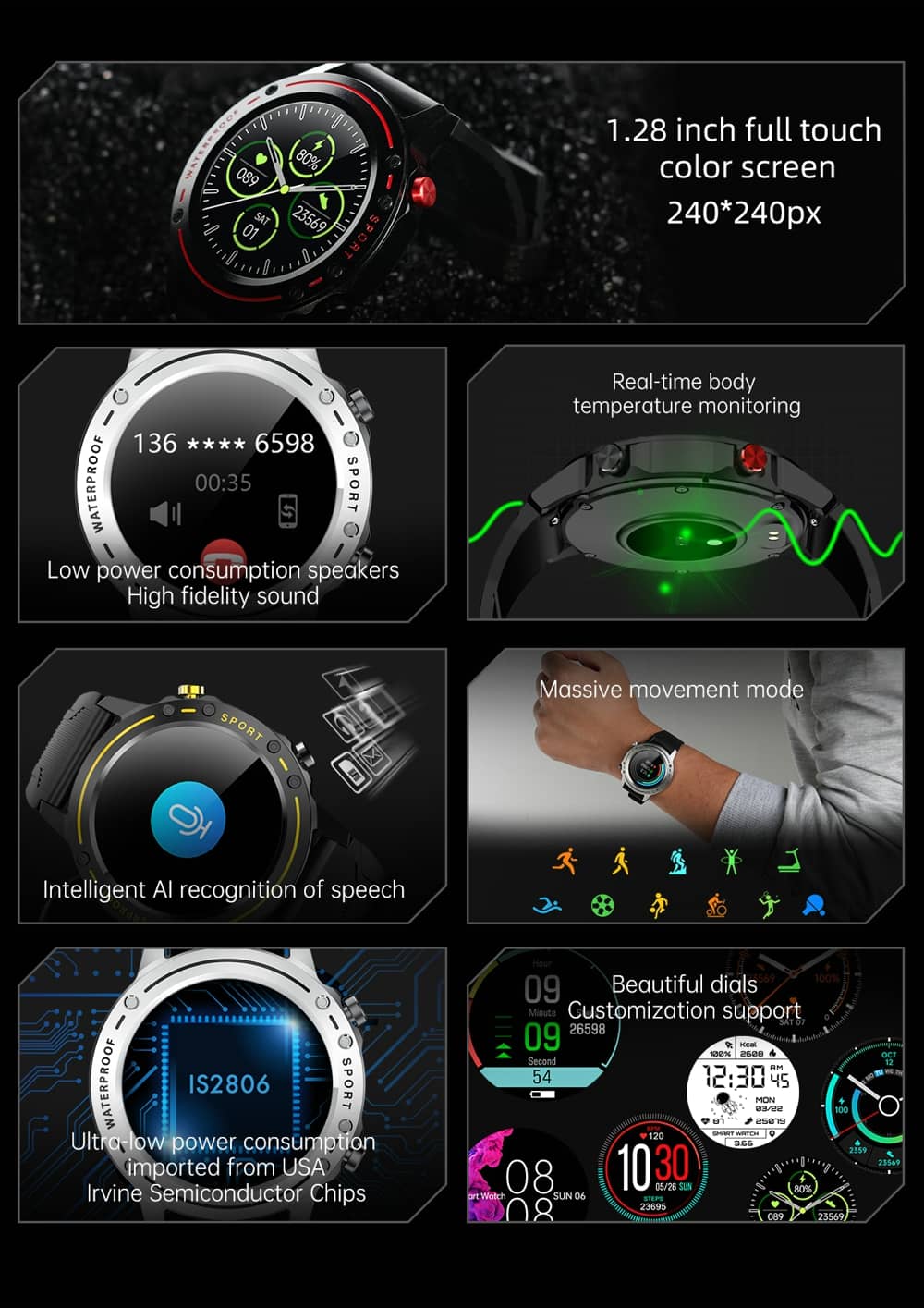 Reloj inteligente Findtime, Monitor de presión arterial, frecuencia cardíaca, SpO2, temperatura corporal con llamadas Bluetooth, IP68 a prueba de agua