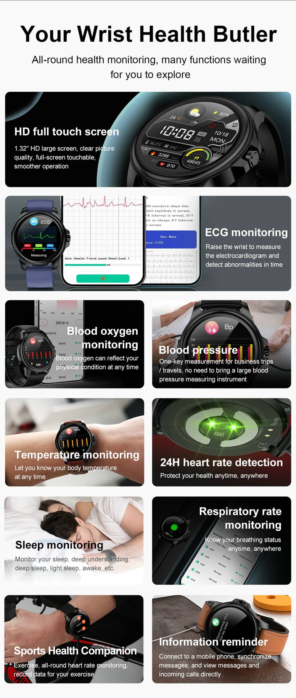 Findtime Smart Watch with Blood Pressure ECG Heart Rate Blood Oxygen Body Temperature Monitori