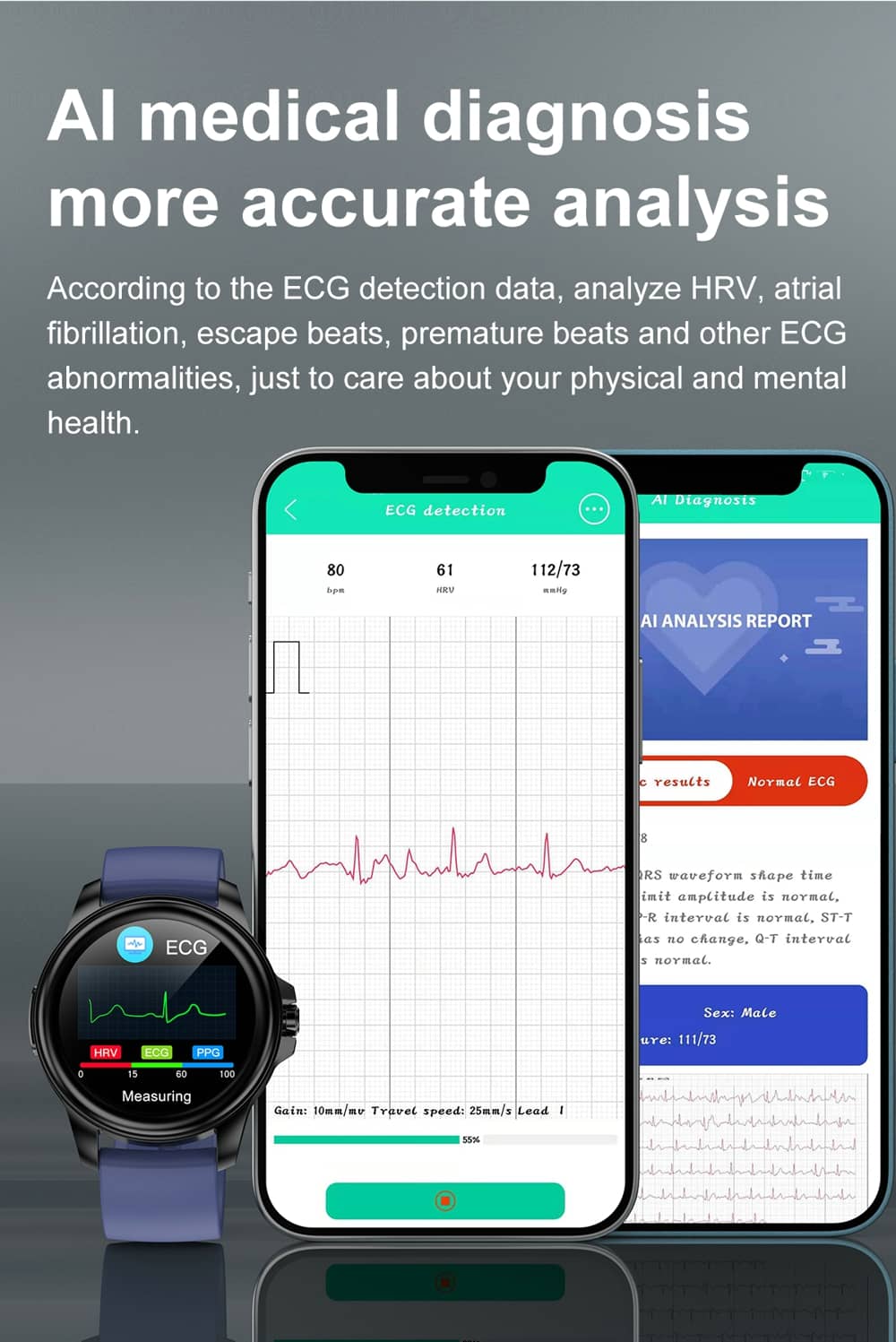 Findtime Smart Watch con presión arterial ECG Frecuencia cardíaca Oxígeno en sangre Temperatura corporal Monitori