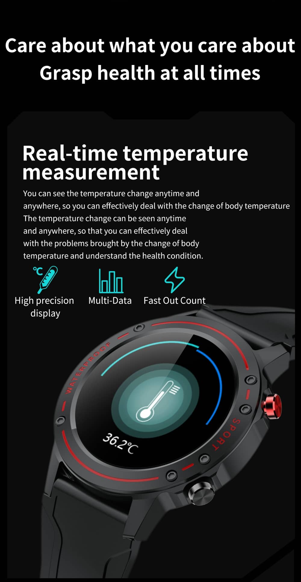 Reloj inteligente Findtime, Monitor de presión arterial, frecuencia cardíaca, SpO2, temperatura corporal con llamadas Bluetooth, IP68 a prueba de agua