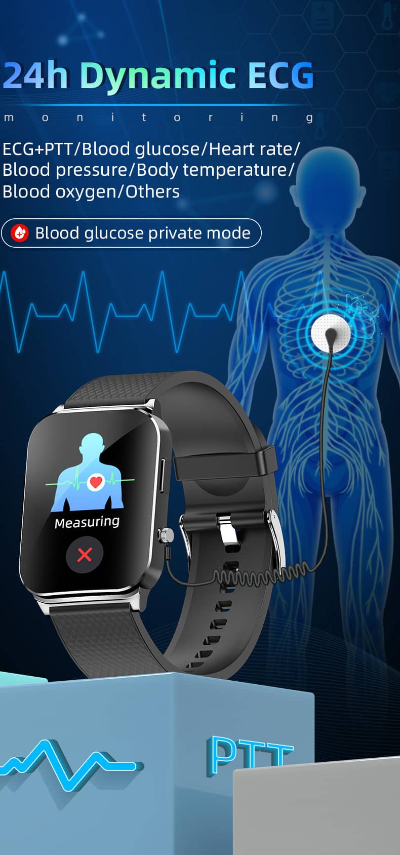 Reloj inteligente Findtime ECG para monitor de presión arterial BO&HR ​​temperatura corporal de glucosa en sangre