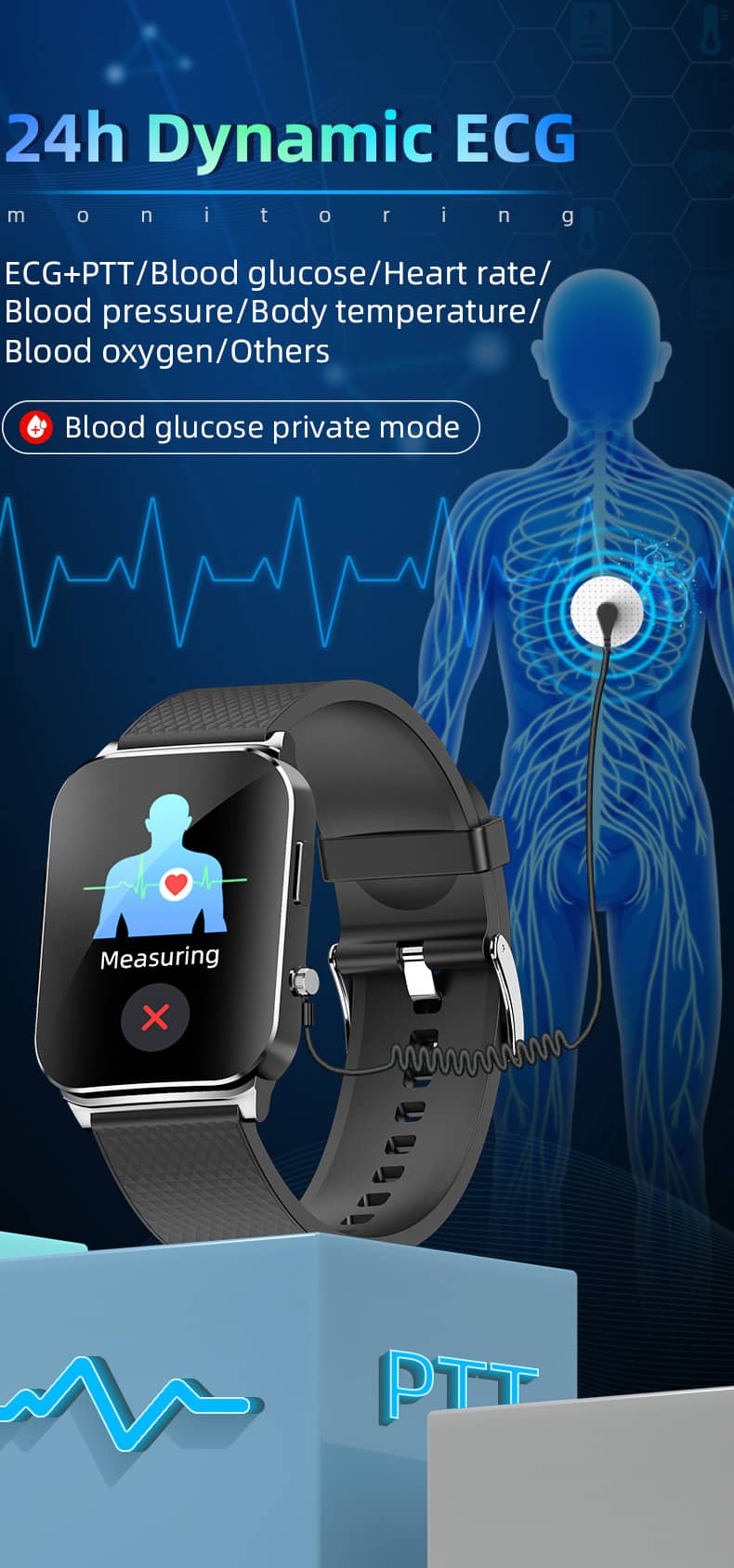 Findtime ECG Smartwatch for Blood Pressure Monitor BO&HR Blood Glucose Body Temperature