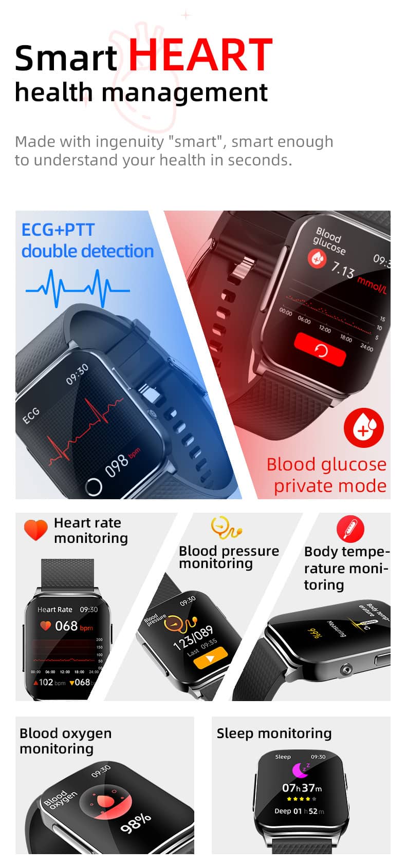 Reloj inteligente Findtime ECG para monitor de presión arterial BO&HR ​​temperatura corporal de glucosa en sangre