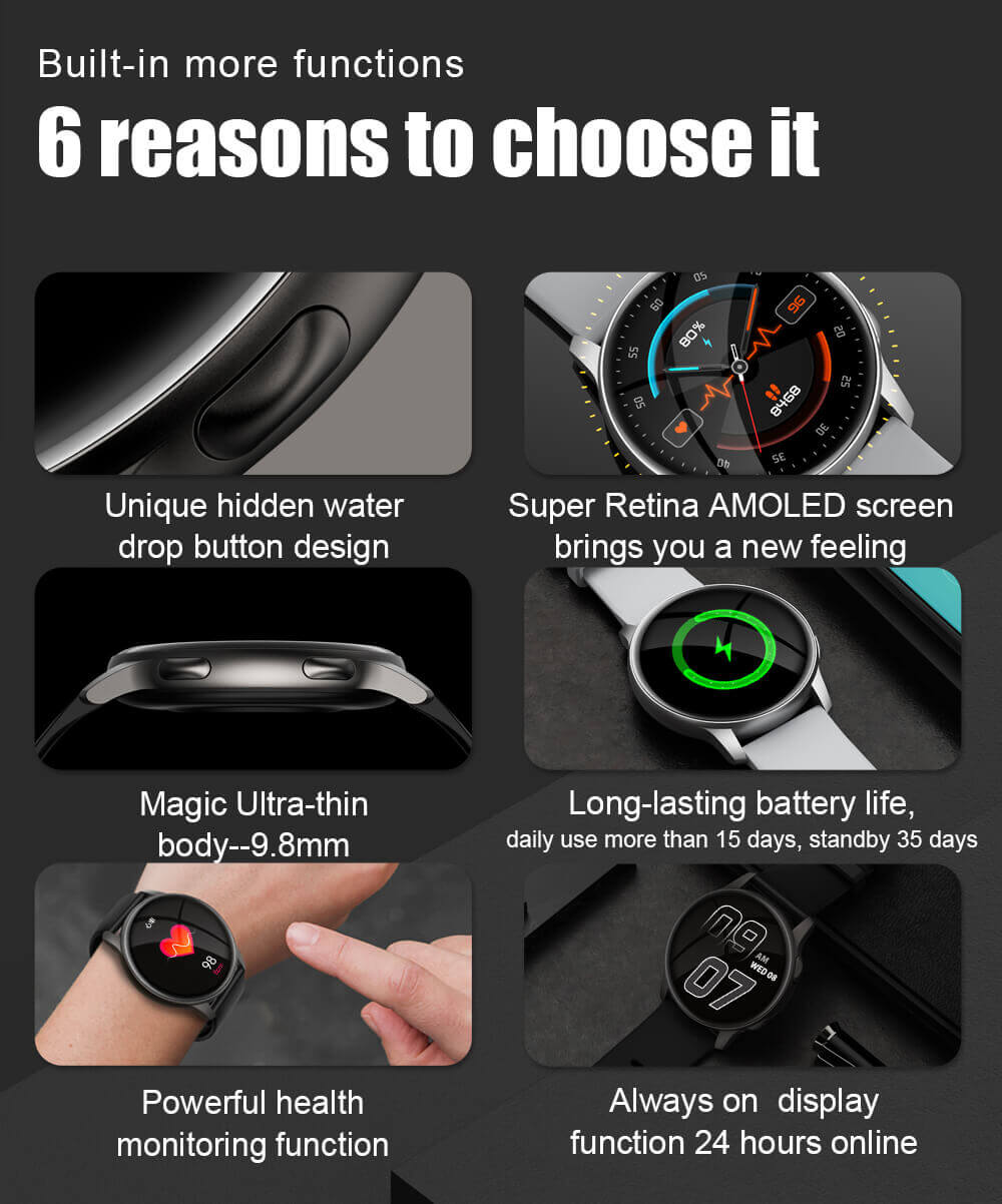 AMOLED Smart Watch Heart Rate Blood Pressure Blood Oxygen Monitor Magnetic Charge Menstrual Cycle - Findtime