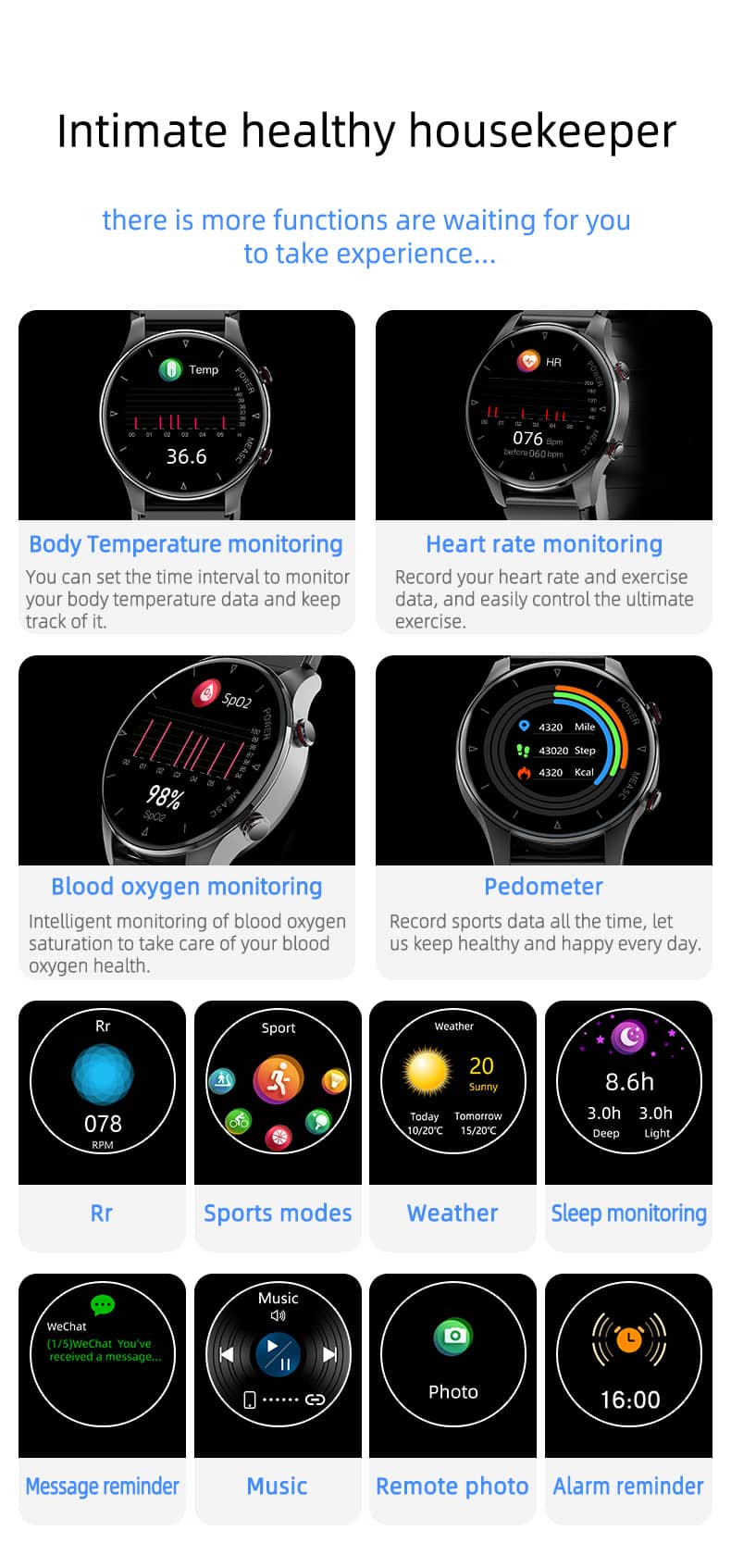 Findtime Präzises Blutdruckmessgerät, Smartwatch mit Luftpumpe, Körpertemperatur, Herzfrequenz, SpO2