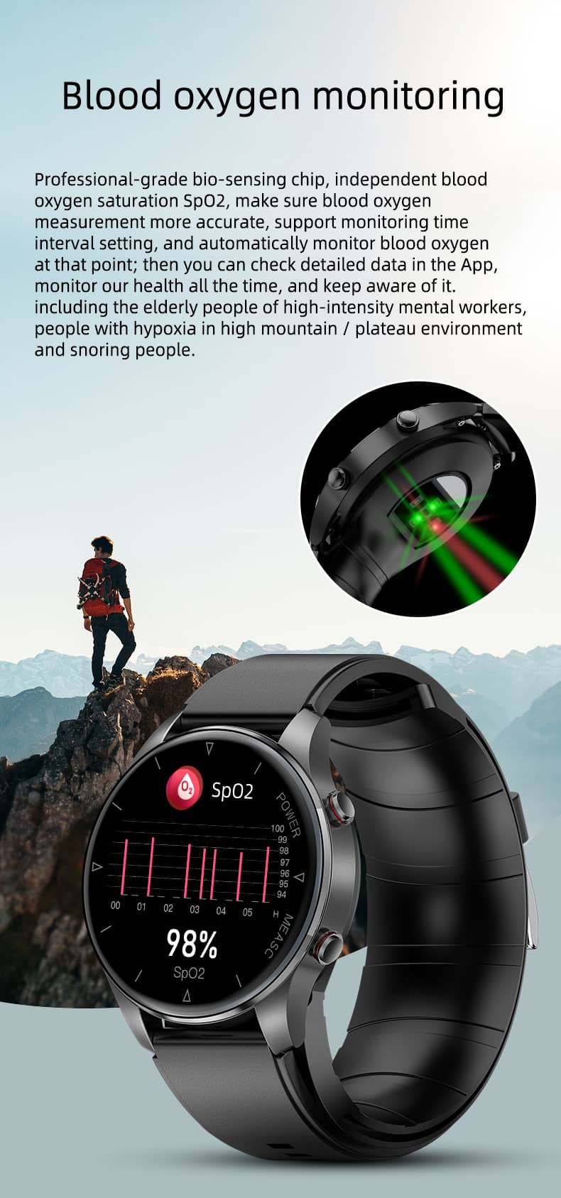 Findtime Präzises Blutdruckmessgerät, Smartwatch mit Luftpumpe, Körpertemperatur, Herzfrequenz, SpO2