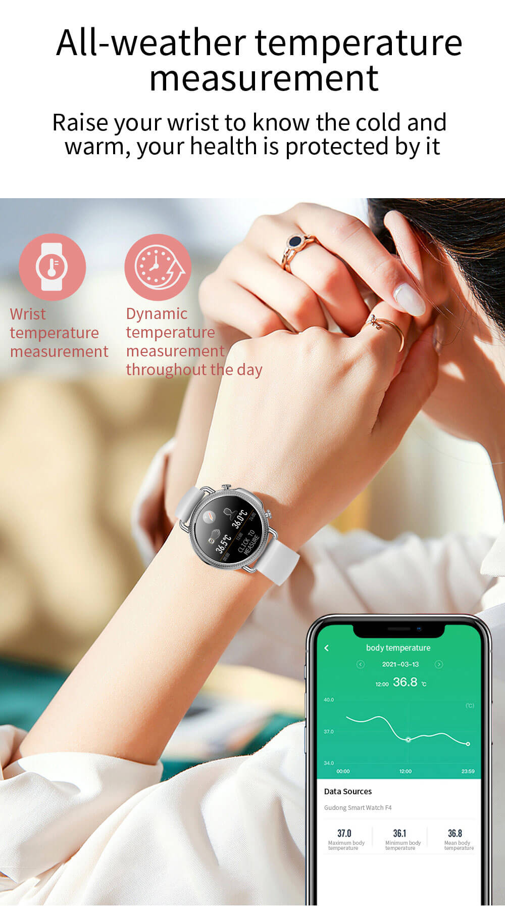 Products Blood Pressure Smart Watch with Heart Rate Sleep Monitor Body Temperature Function Silicone and Steel Band - Findtime
