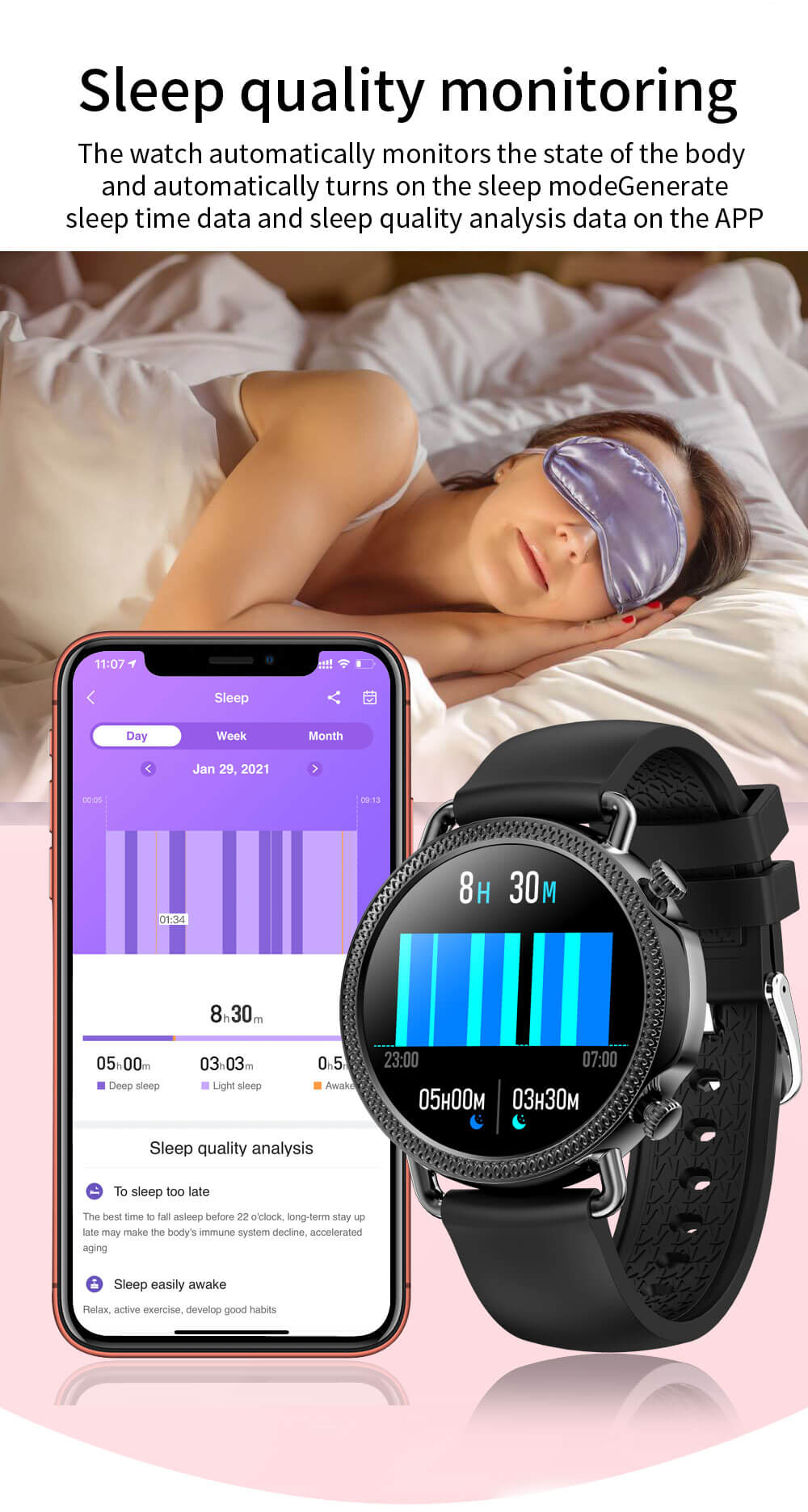 Products Blood Pressure Smart Watch with Heart Rate Sleep Monitor Body Temperature Function Silicone and Steel Band - Findtime