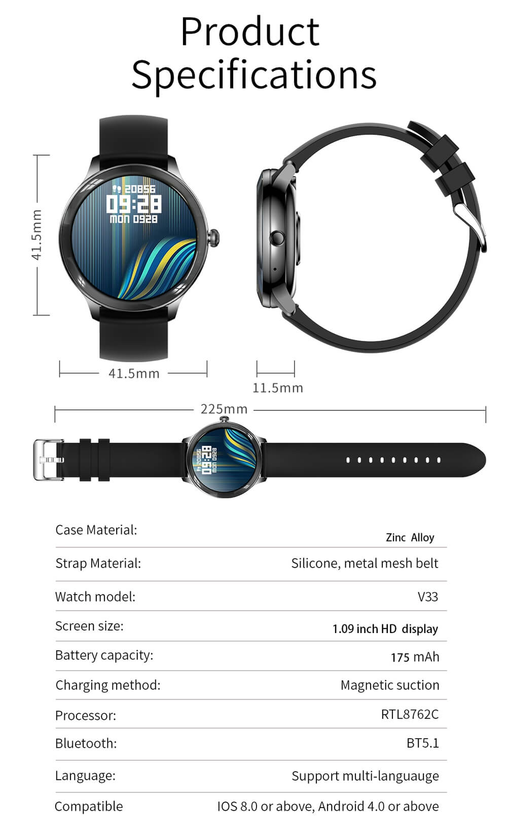 Reloj inteligente Findtime, monitor de presión arterial, oxígeno en sangre, frecuencia cardíaca, temperatura corporal con llamada Bluetooth