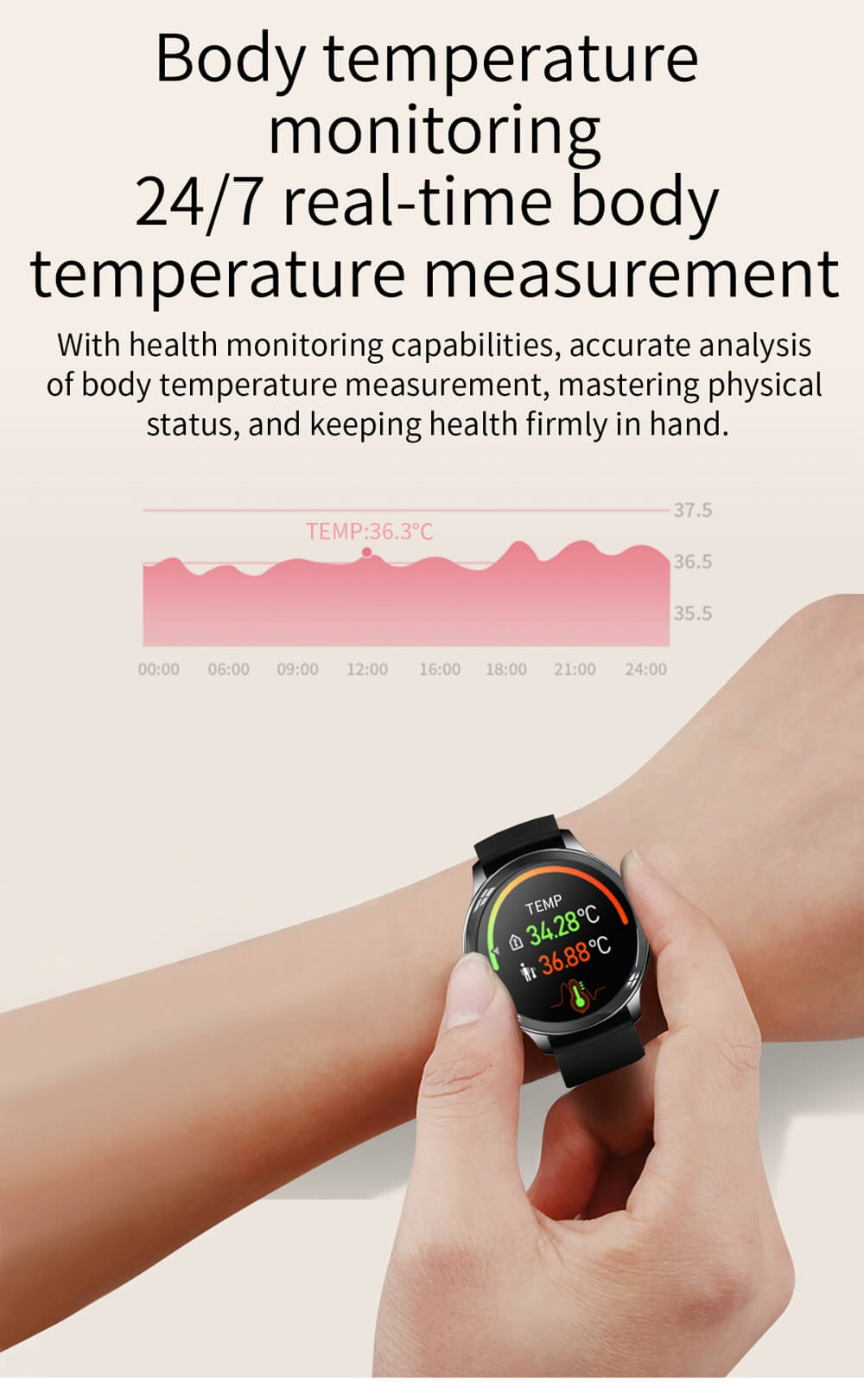 Reloj inteligente Findtime, monitor de presión arterial, oxígeno en sangre, frecuencia cardíaca, temperatura corporal con llamada Bluetooth