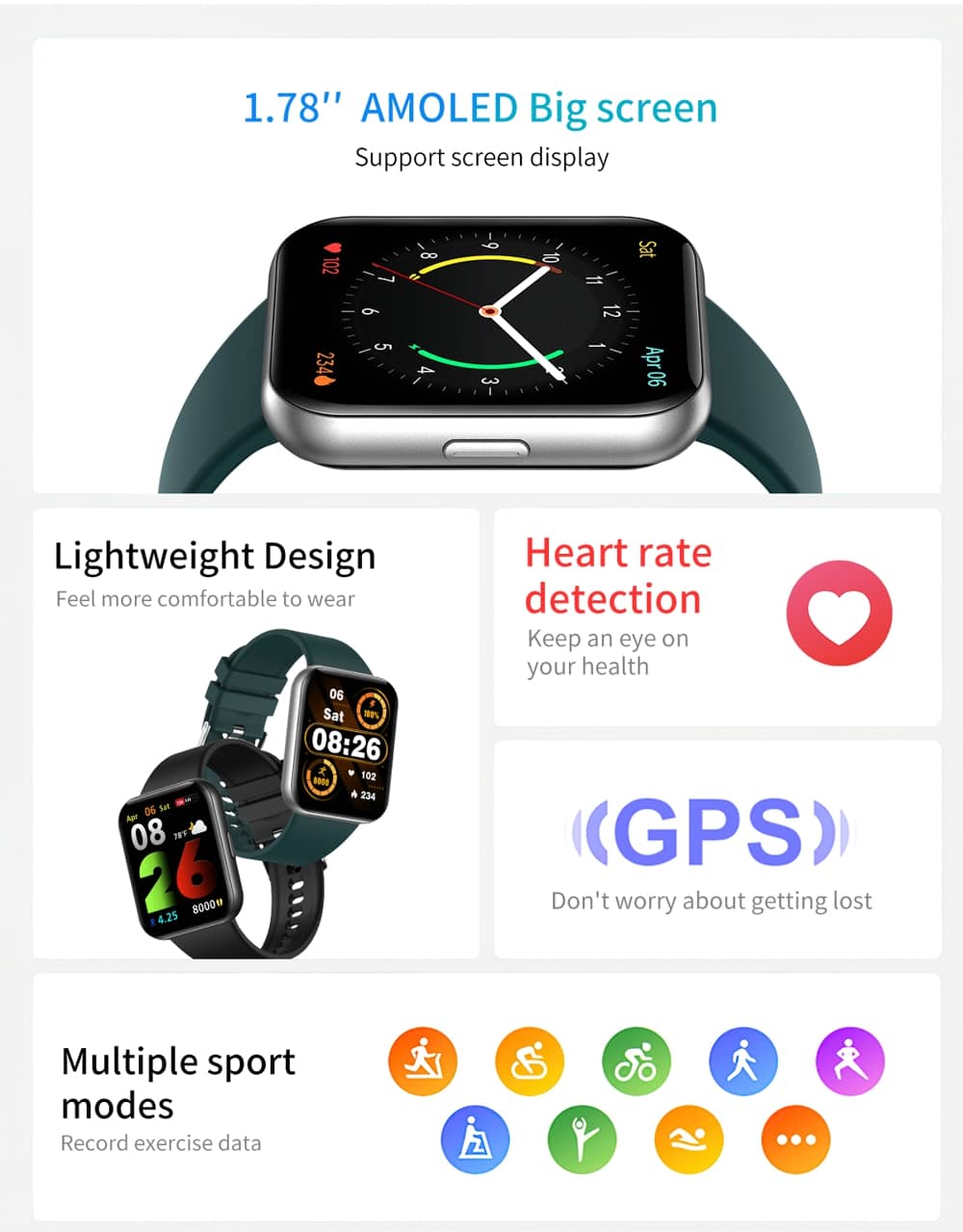 Reloj inteligente Findtime AMOLED GPS con control de oxígeno en sangre y frecuencia cardíaca