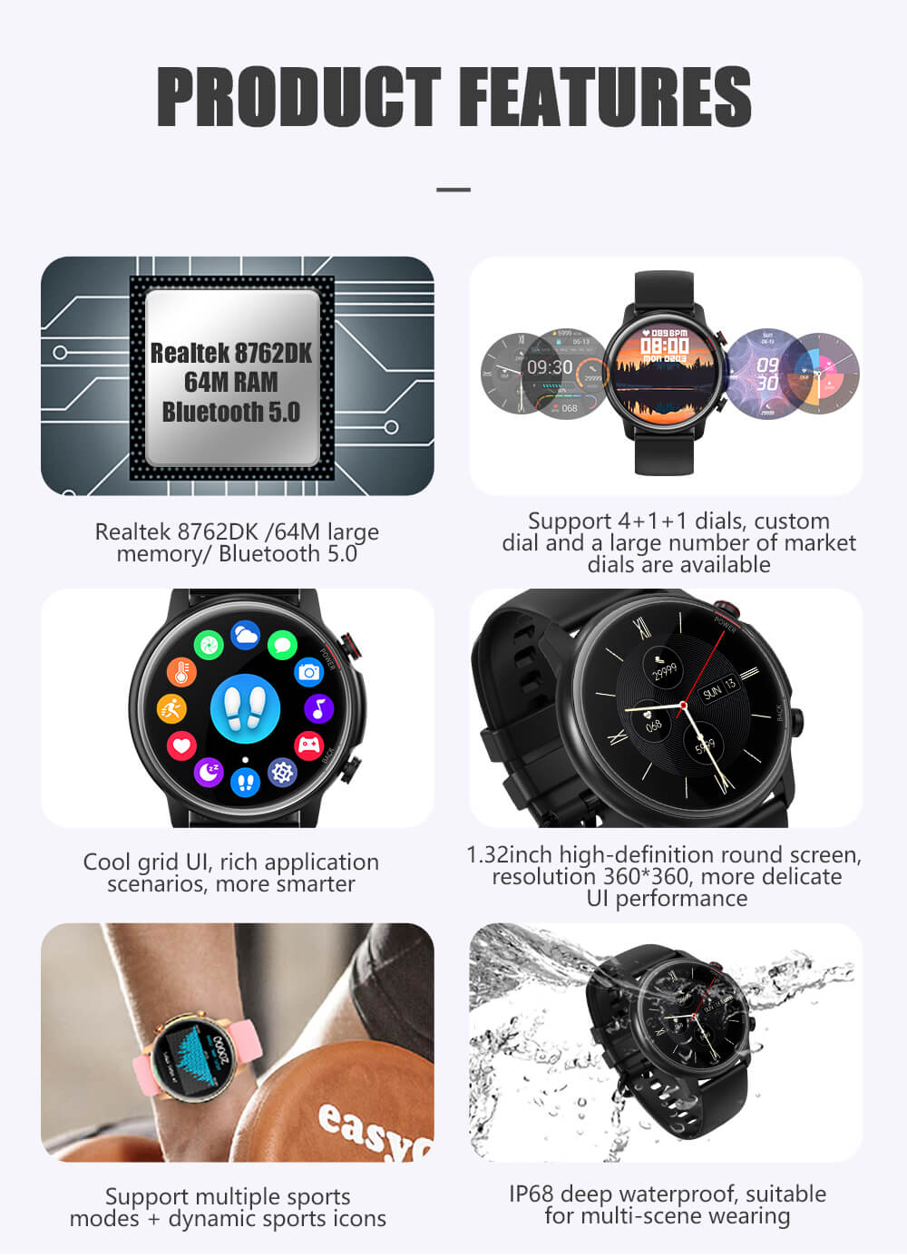 Findtime Smart Watch Presión arterial Ritmo cardíaco Monitoreo Podómetro 5ATM Impermeable