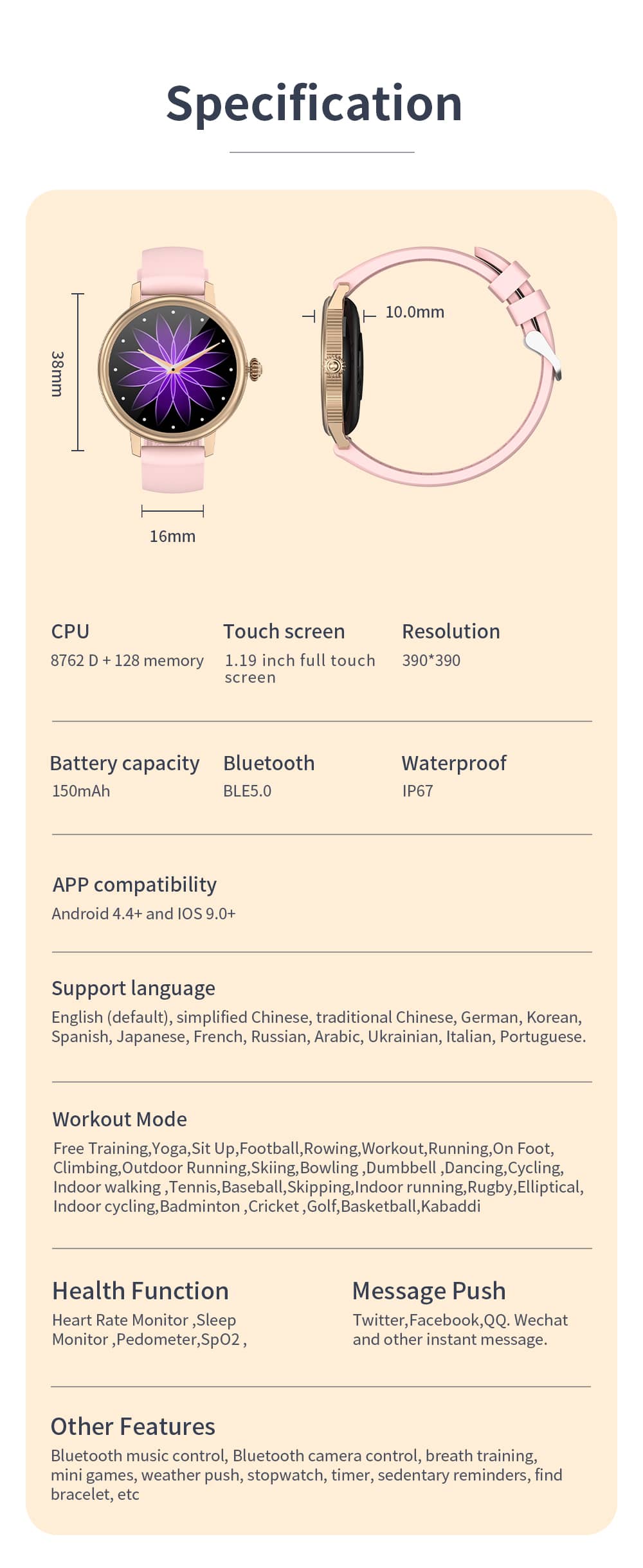 Relojes inteligentes Findtime AMOLED para mujeres Monitor de presión arterial Frecuencia cardíaca SpO2