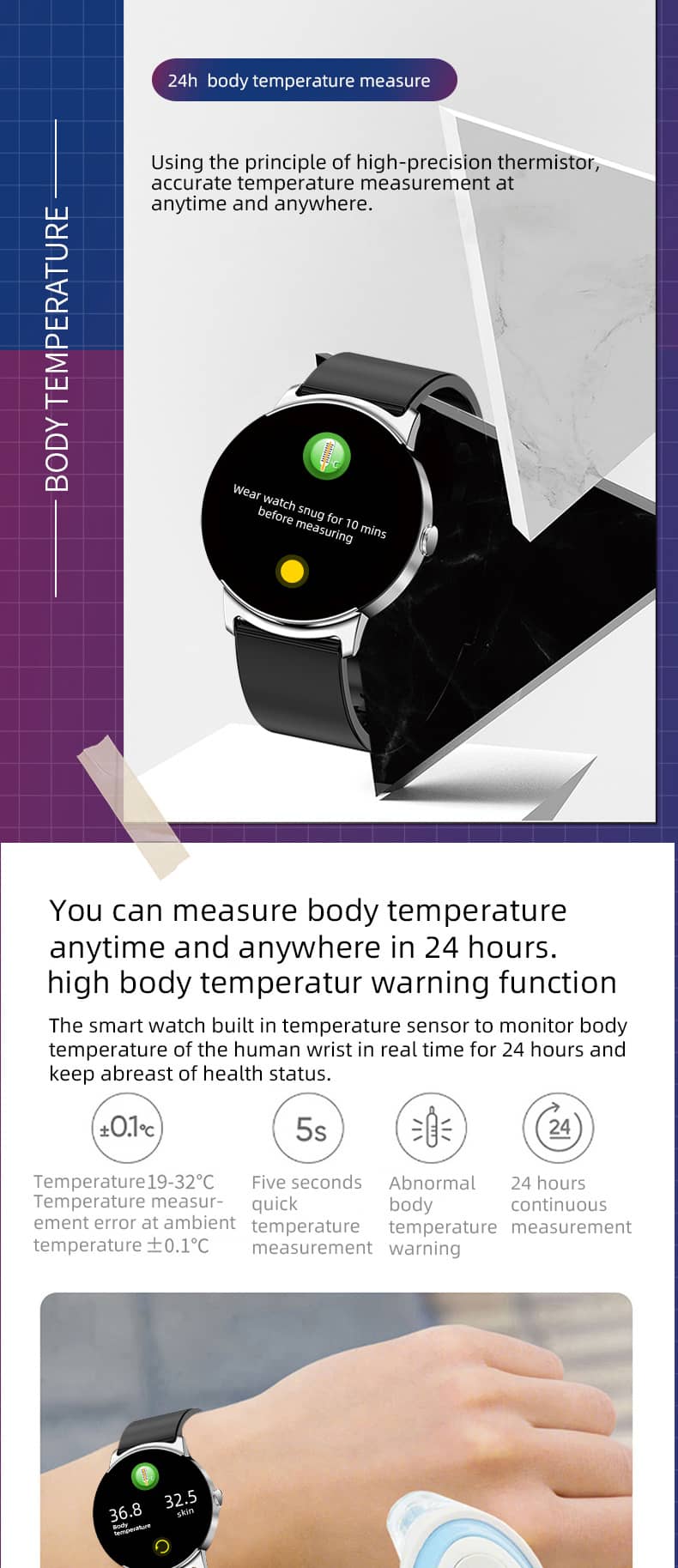 Findtime Smartwatch mit Blutdruckmessgerät, Herzfrequenz, SpO2, Körpertemperatur und Blutzucker