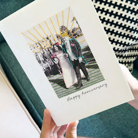 Personalised anniversary card of a photo of a wedding. The card has been handmade
