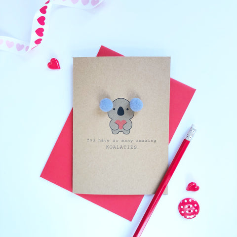 Koala Valentine's day card with pompom ears