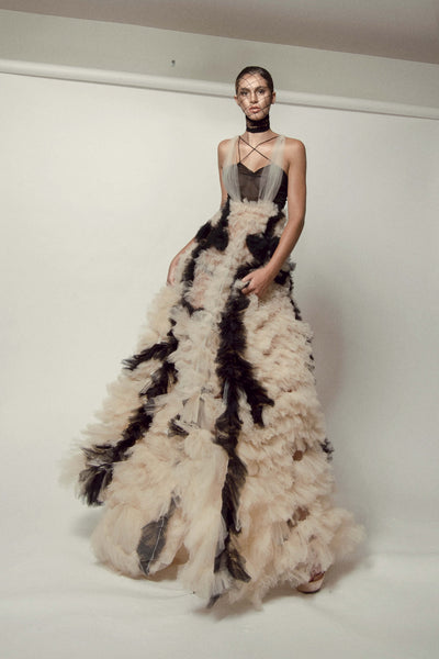 LNH Black and Nude Ruffled Gown