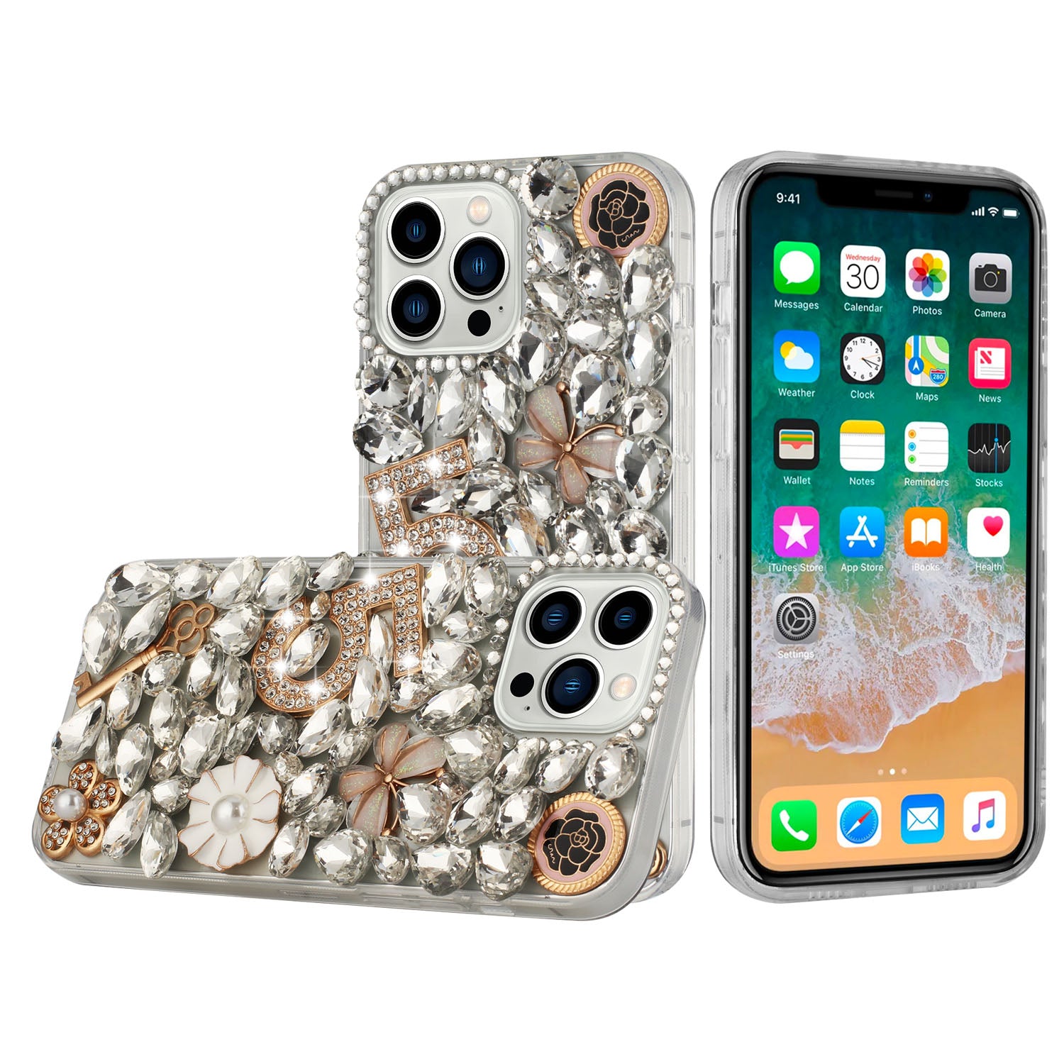 Compatible with Apple iPhone 13 Pro model 6.1 inch Heart Studded Diamo –  CellularOutfitter