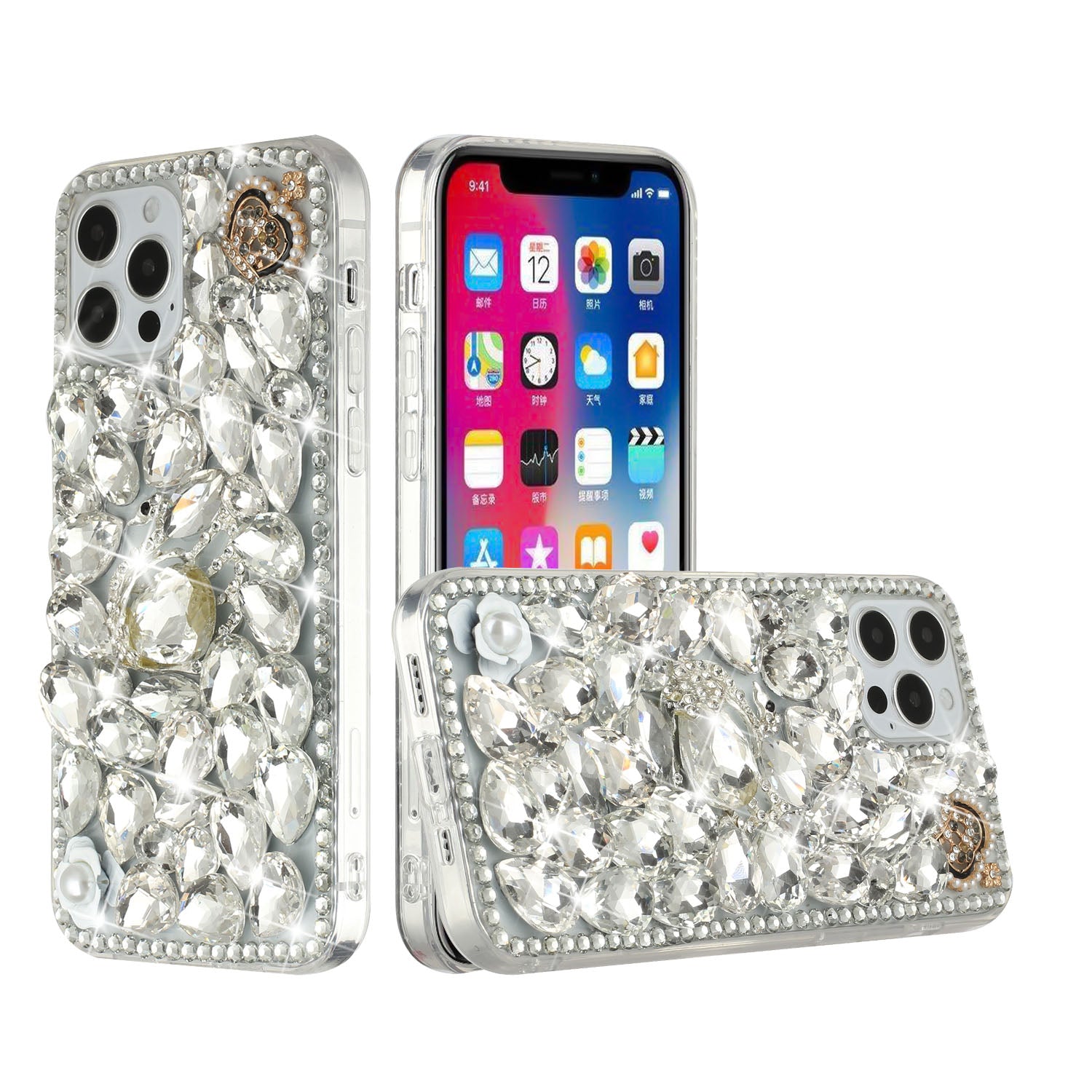 Compatible with Apple iPhone 14 6.1 inch Heart Studded Diamond