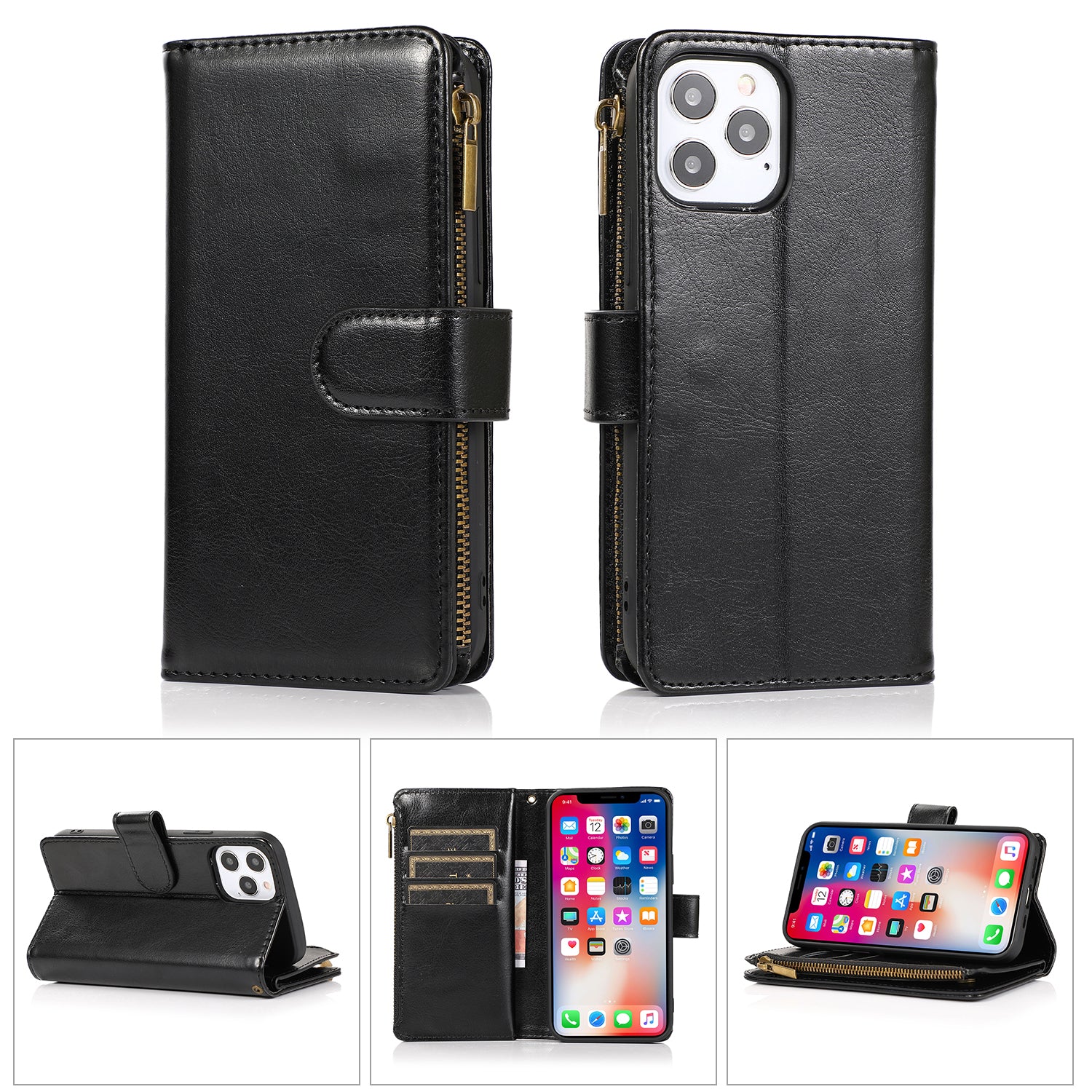 For Apple iPhone 12 Pro Max Wallet Case,Card Slots Full Leather Cover Black