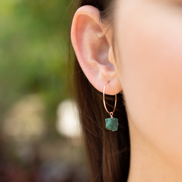Raw Emerald Gemstone Dangle Hoop Earrings