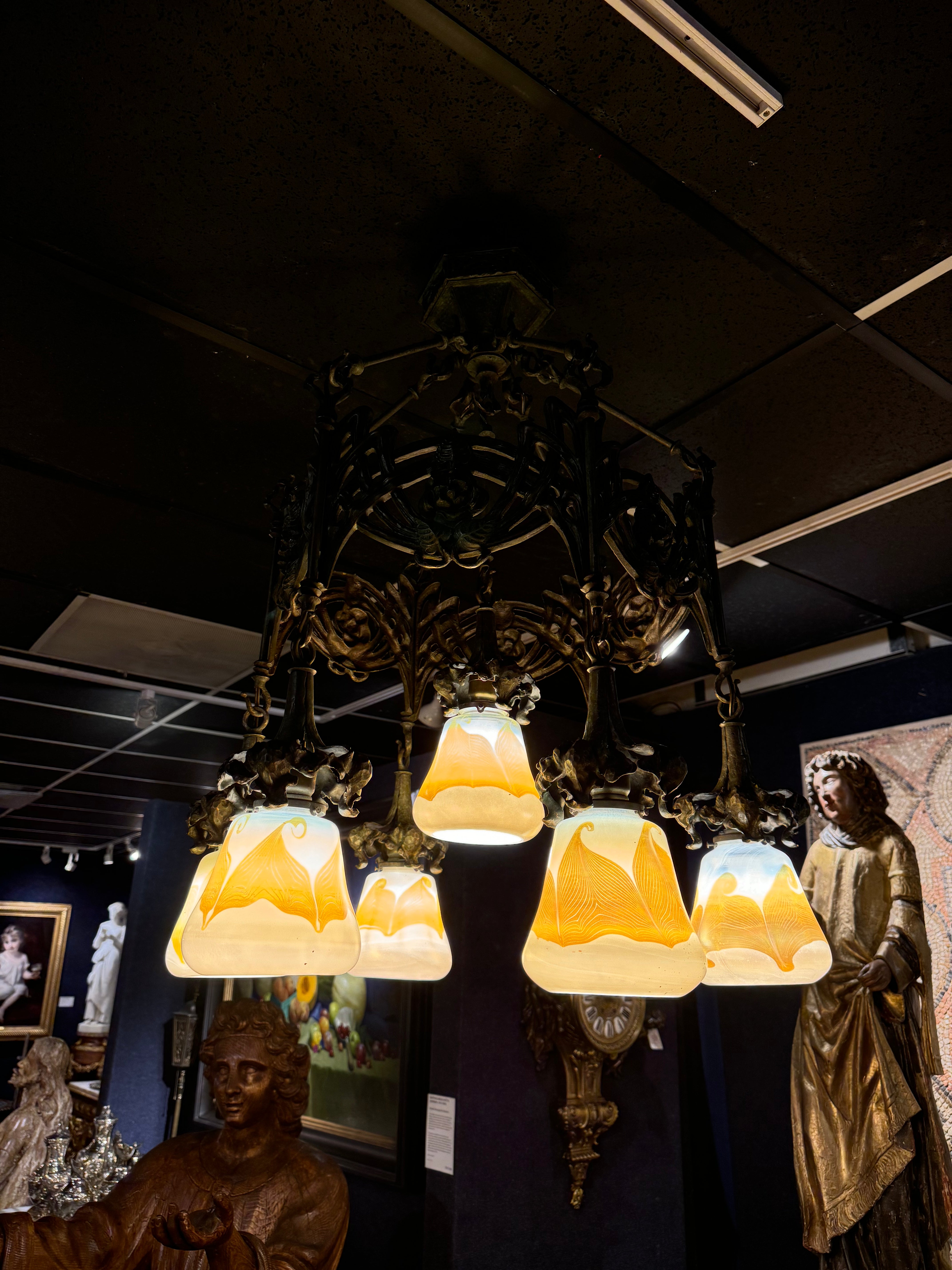 c. 1890 Art Nouveau Chandelier with Tiffany Signed LCT Shades