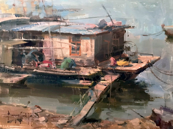 Bryan Mark Taylor. Datang House Boat (2017) Oil on linen. 12 x 16 in.