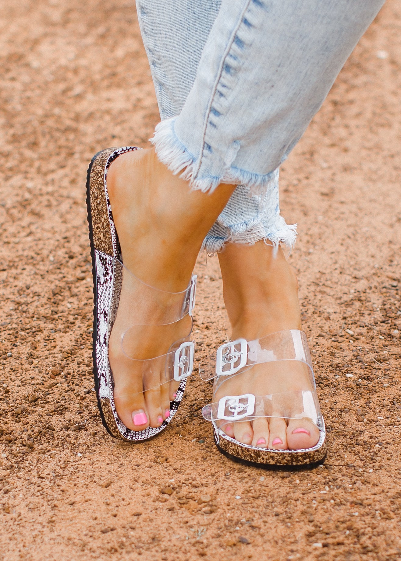 clear buckle sandals