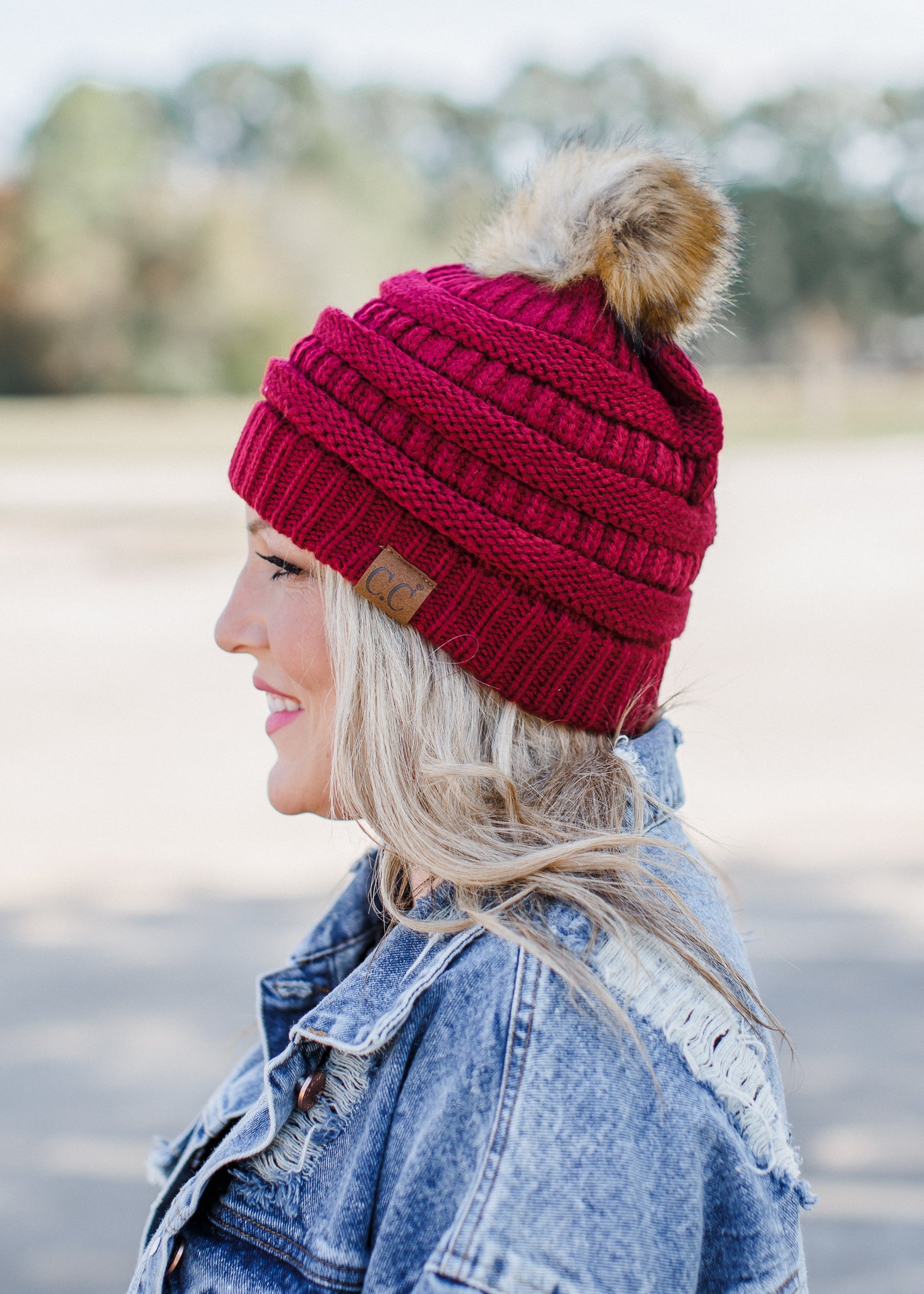 burgundy beanie with pom pom